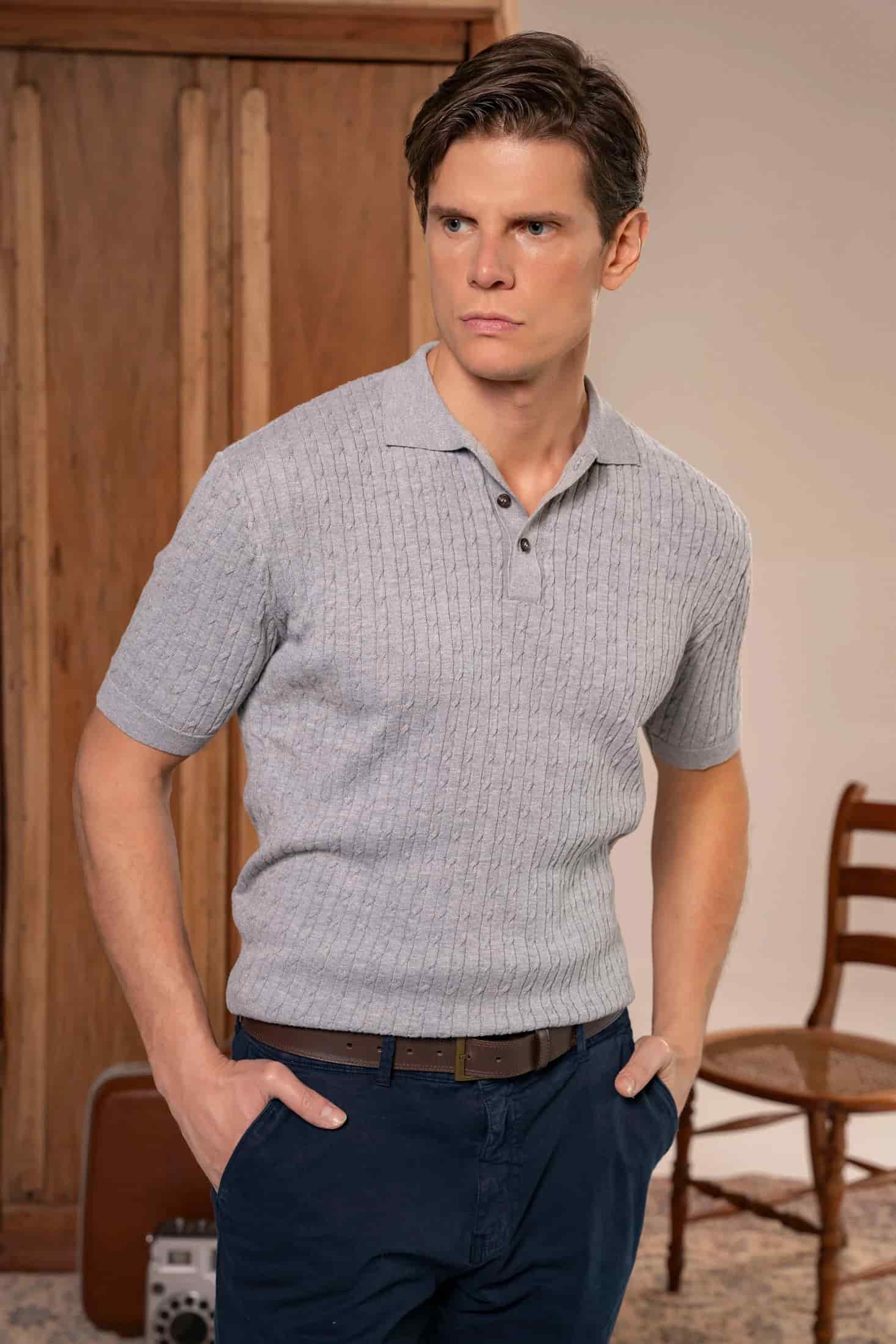 Camiseta polo trenzada tejida Hombre Hueso - miniatura 2