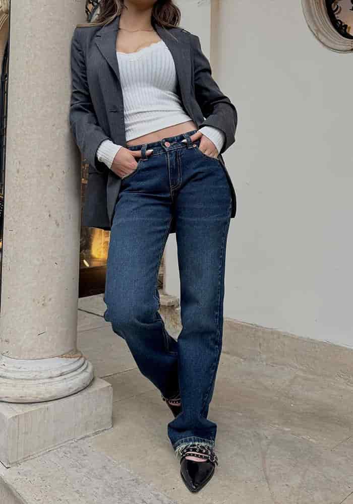 Jeans Straight Leg Azul Oscuro Dirty Tiro Bajo - miniatura 3