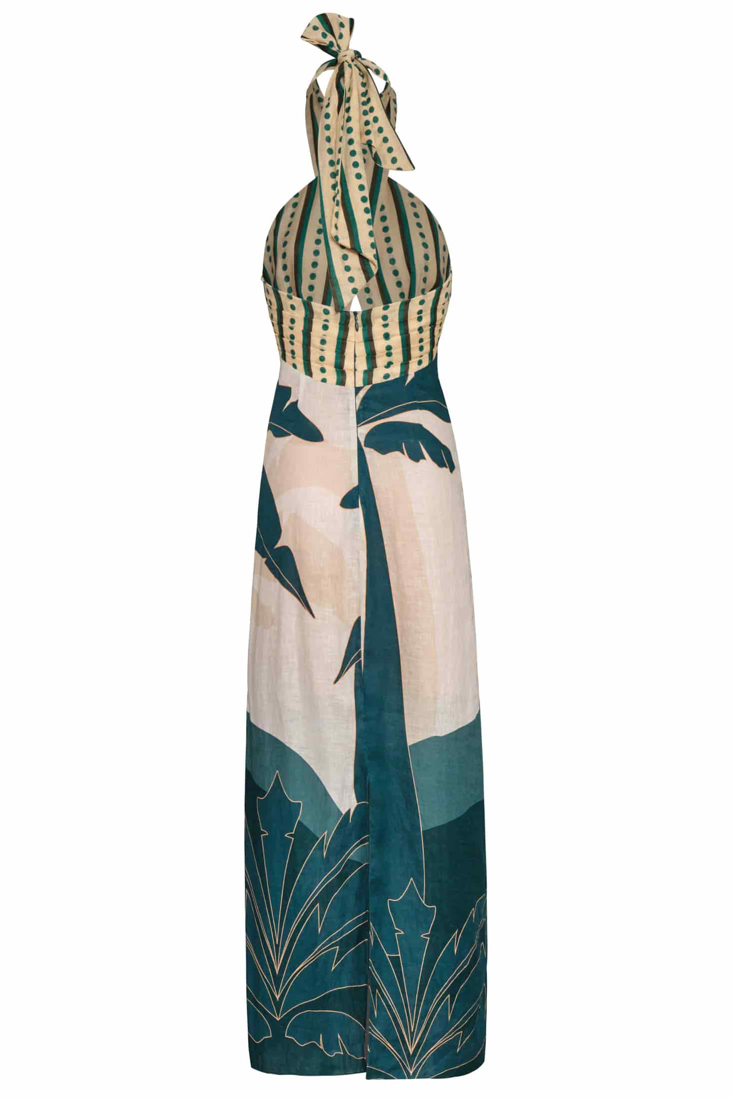 Costa del Sol Linen Midi Dress / Aquamarine Palms - Green Stripes - miniatura 3