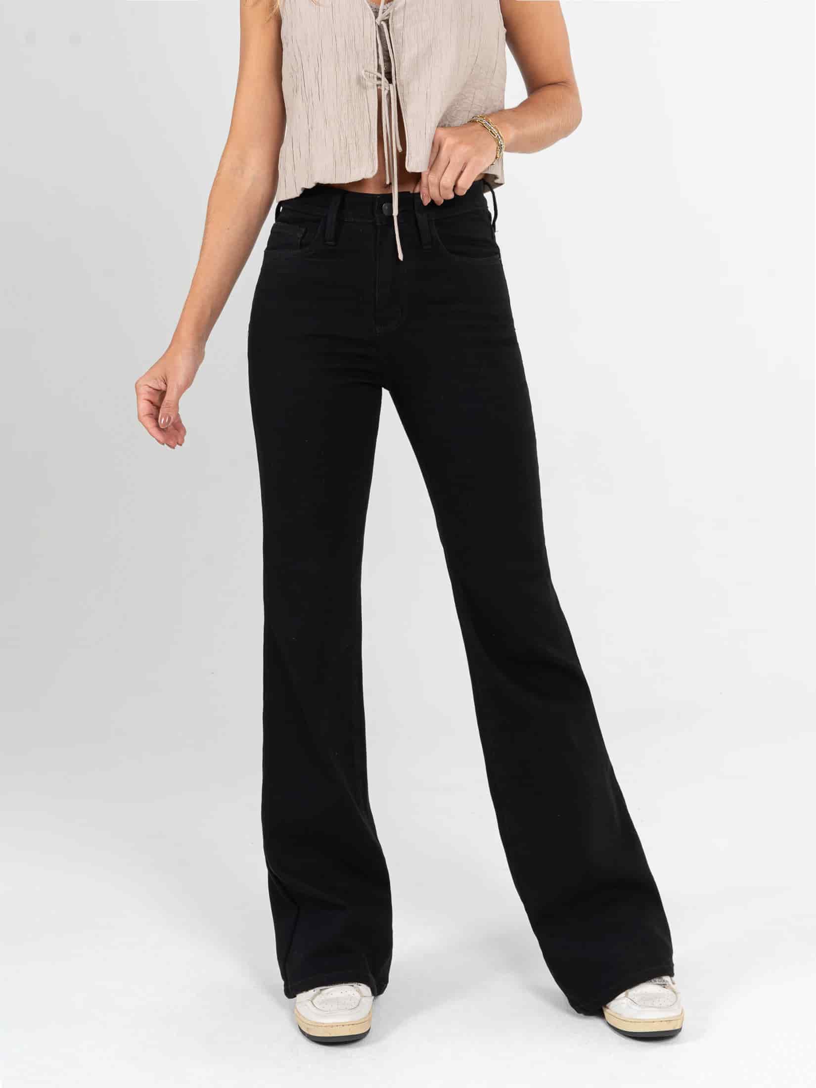 Ref: 064473 Pantalón flare stretch, bota ancha, tiro alto, tono negro. - miniatura 1