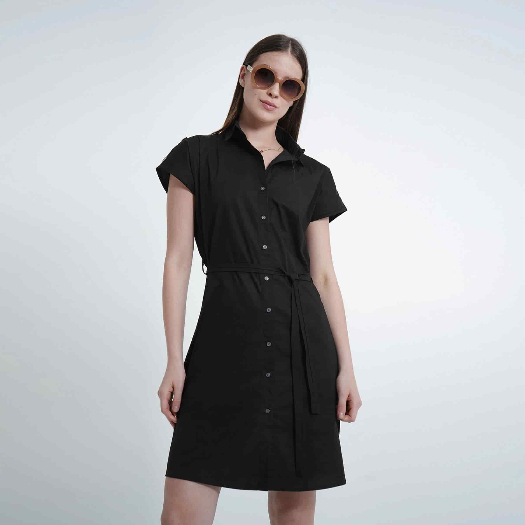 Vestido corto manga corta rodada cuello camisero con lazo - miniatura 3