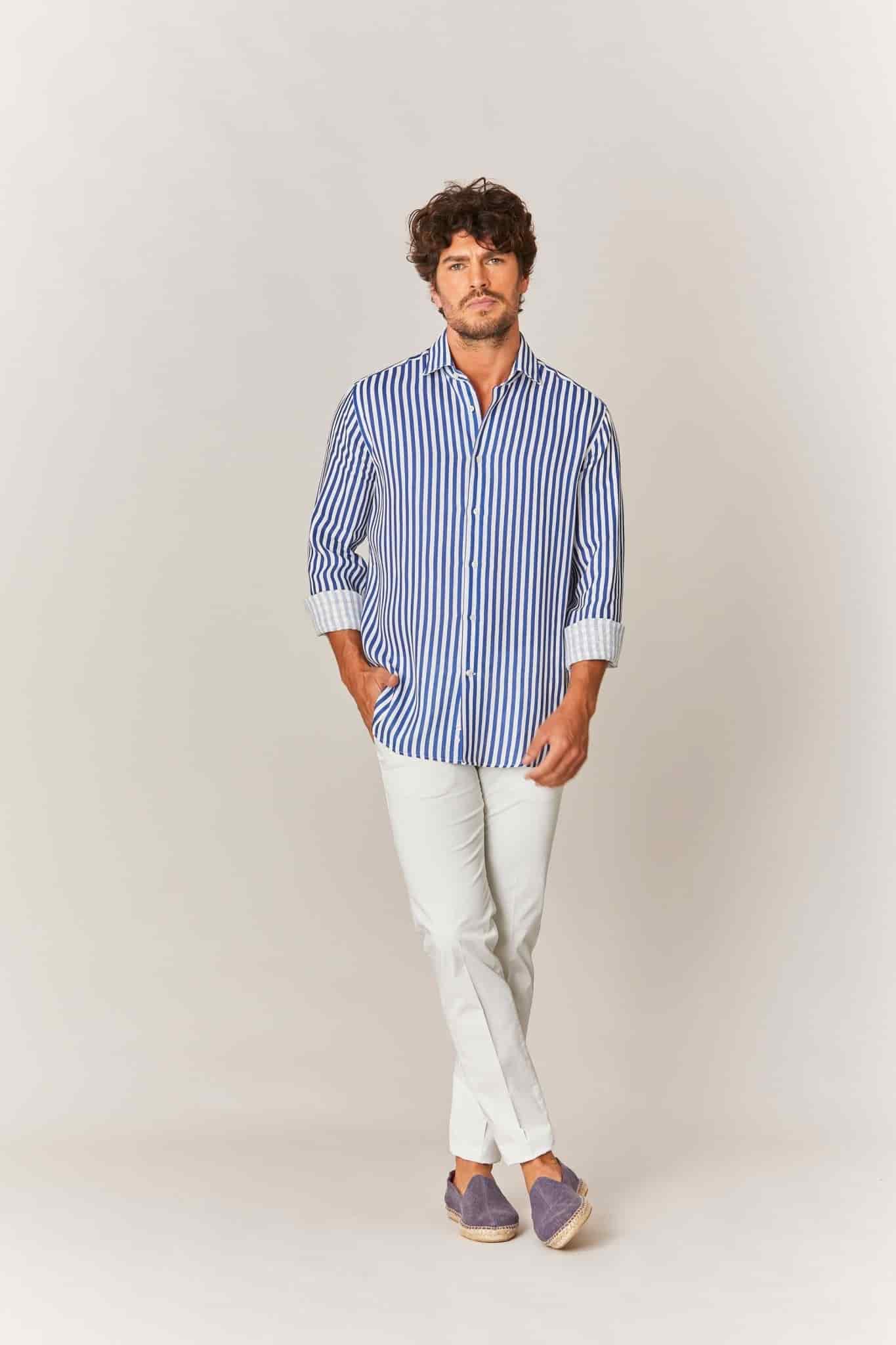 Men's linen shirt electric blue stripes - miniatura 2
