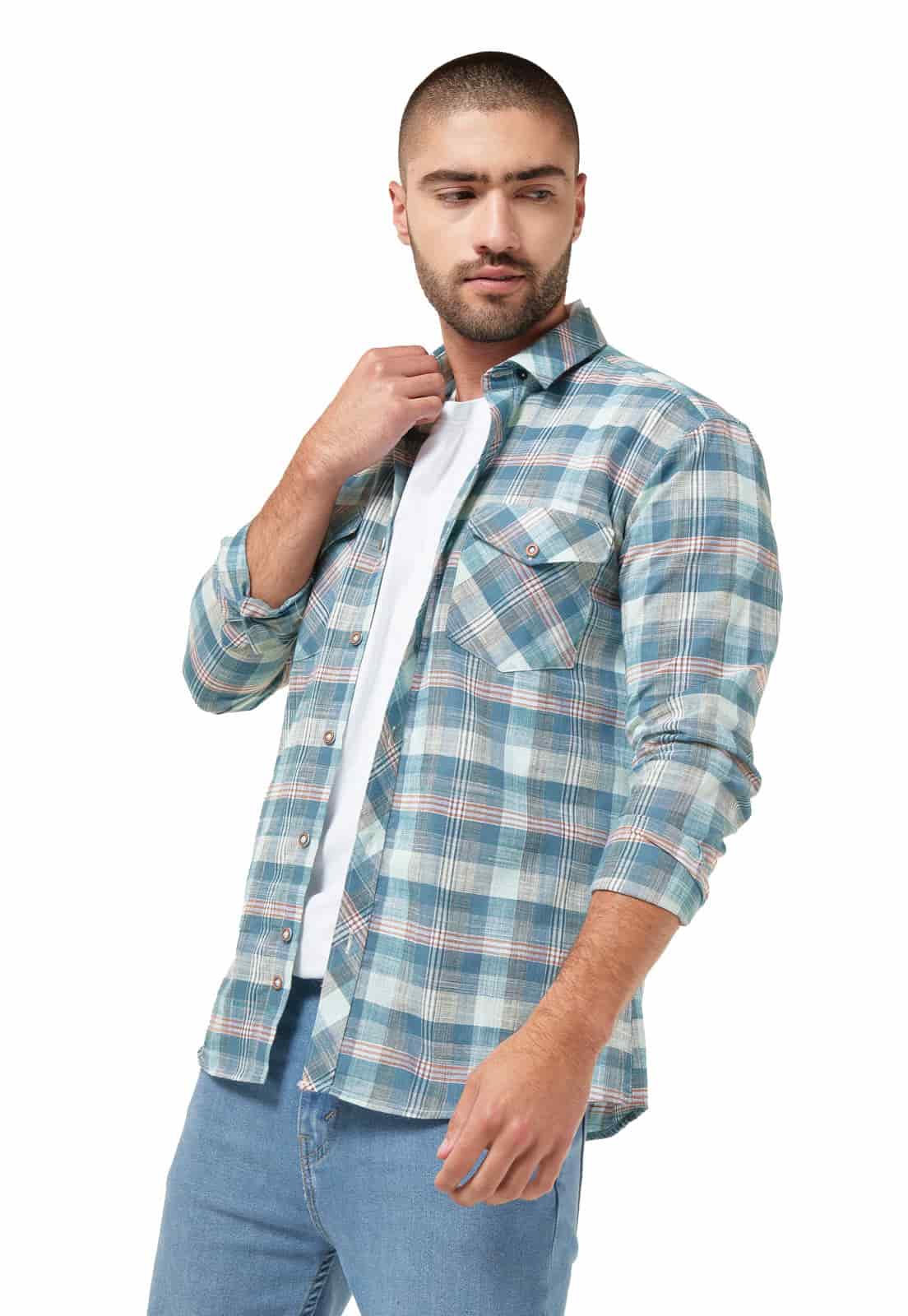 Camisa leñadora verde con tonos azules y blanco doble bolsillo - miniatura 1