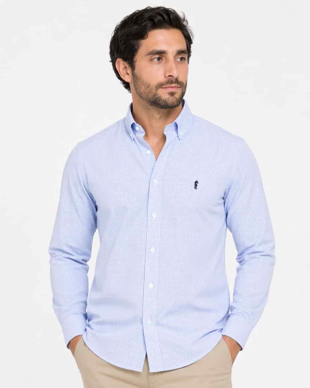 Camisa 100% Algodón Manga Larga Cuadros Azul Claro - miniatura 3
