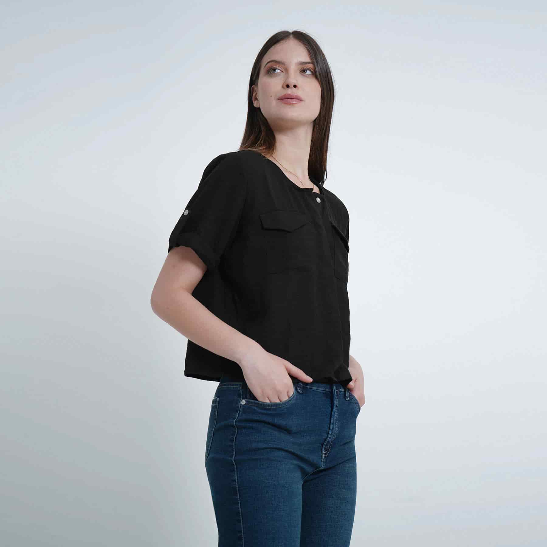 Blusa abierta escote redondo manga corta con charreteras - miniatura 10