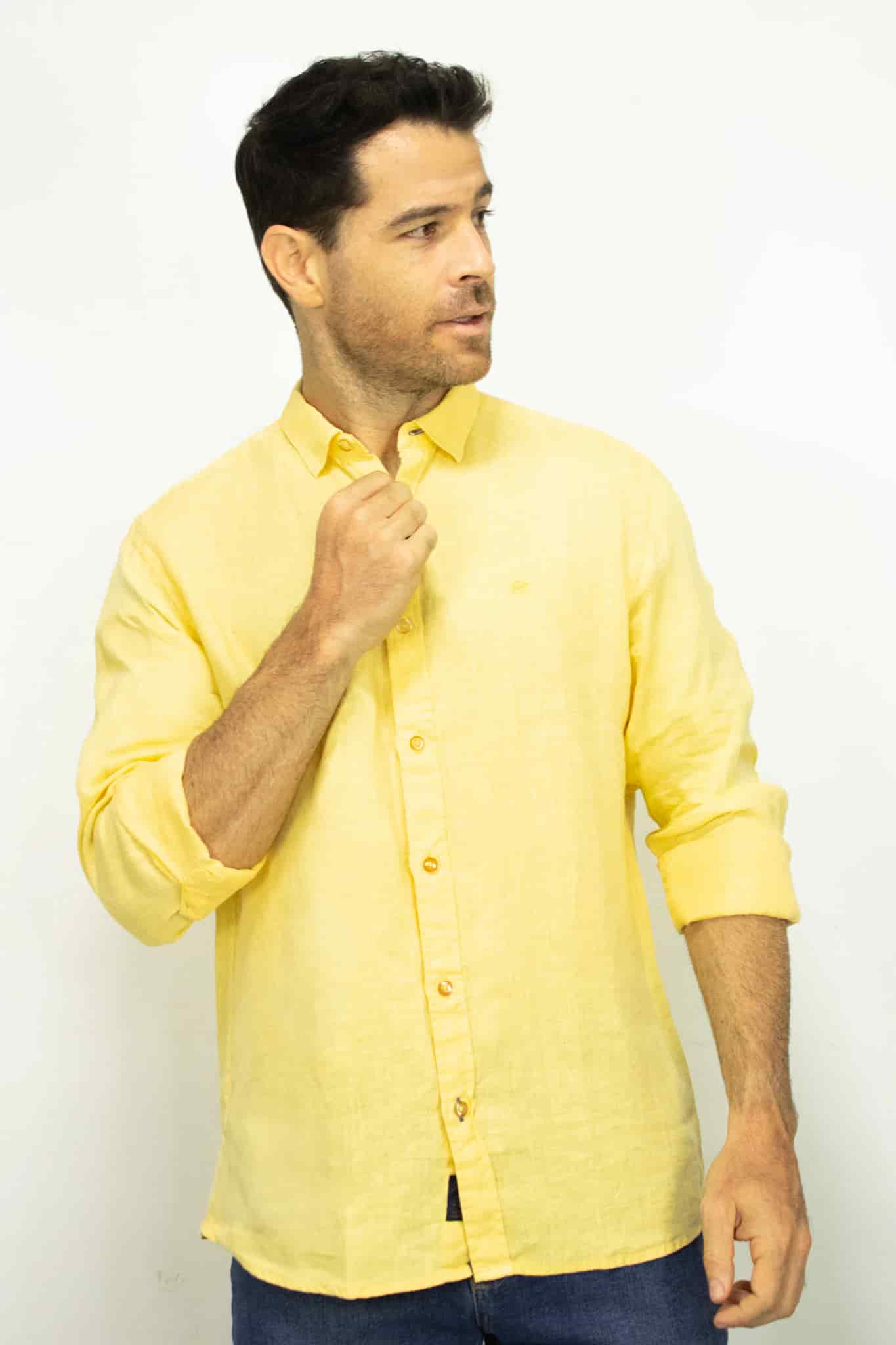 Camisa de Lino Manga Larga Amarilla para Hombre - miniatura 1