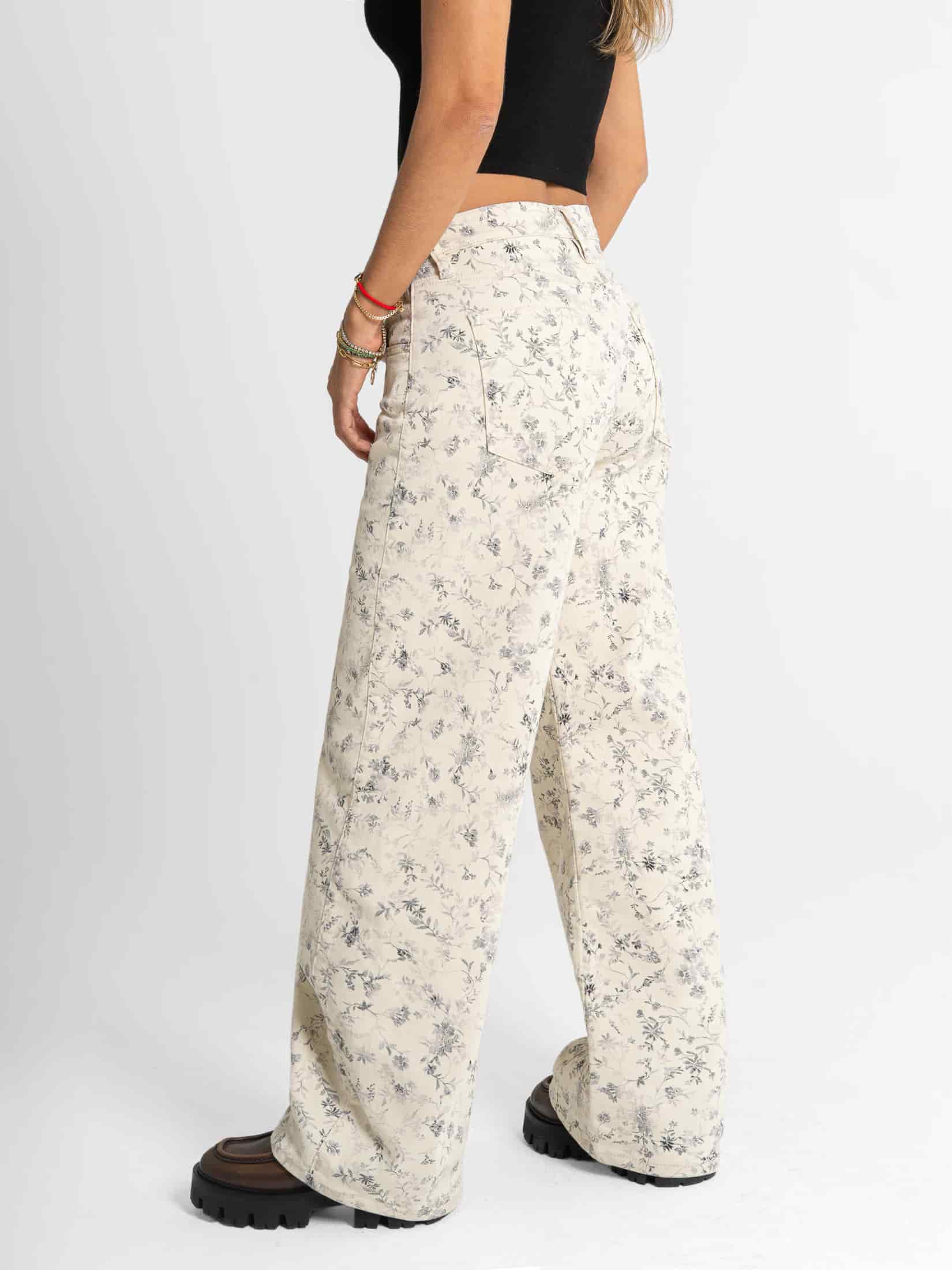 Ref: 0620653 Pantalón wide leg, stretch, detalle de tela estampada, tiro alto, tono ivory - miniatura 3