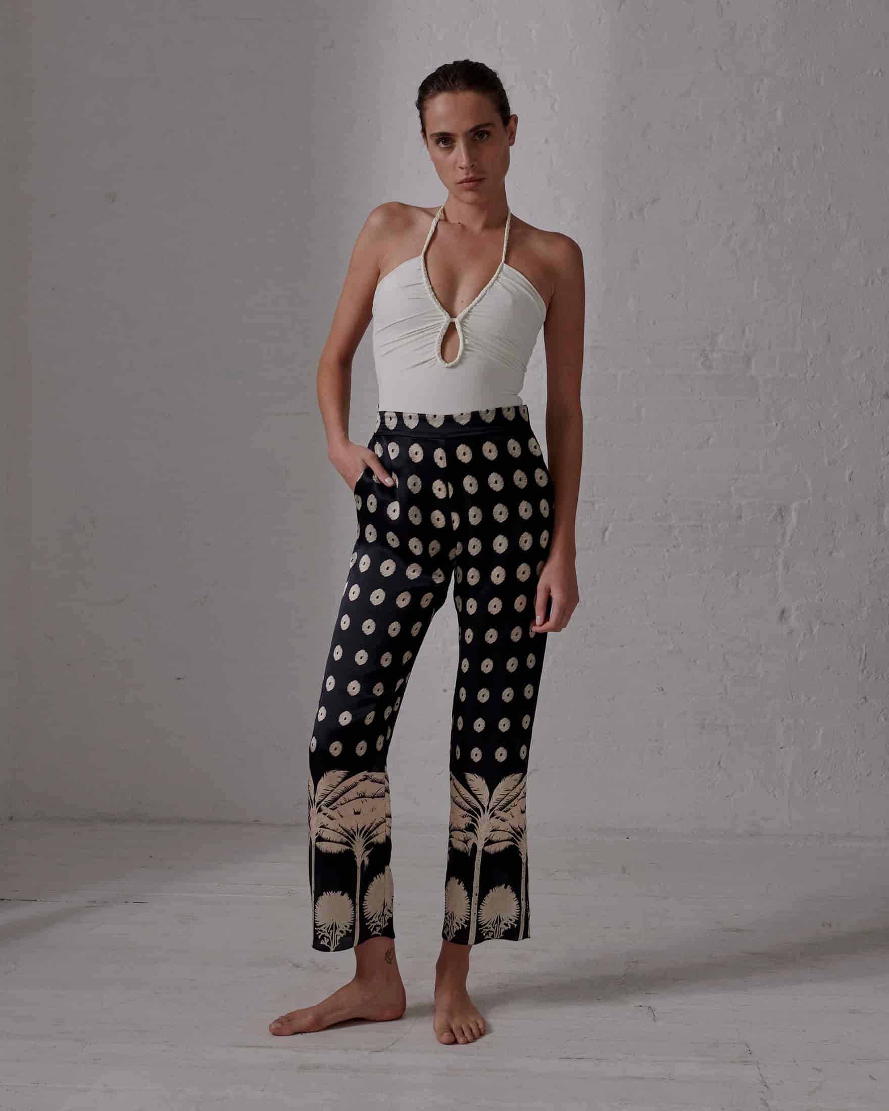 Santo Tomas Satin Silk Pants / Black Mini Palms Cream - miniatura 5