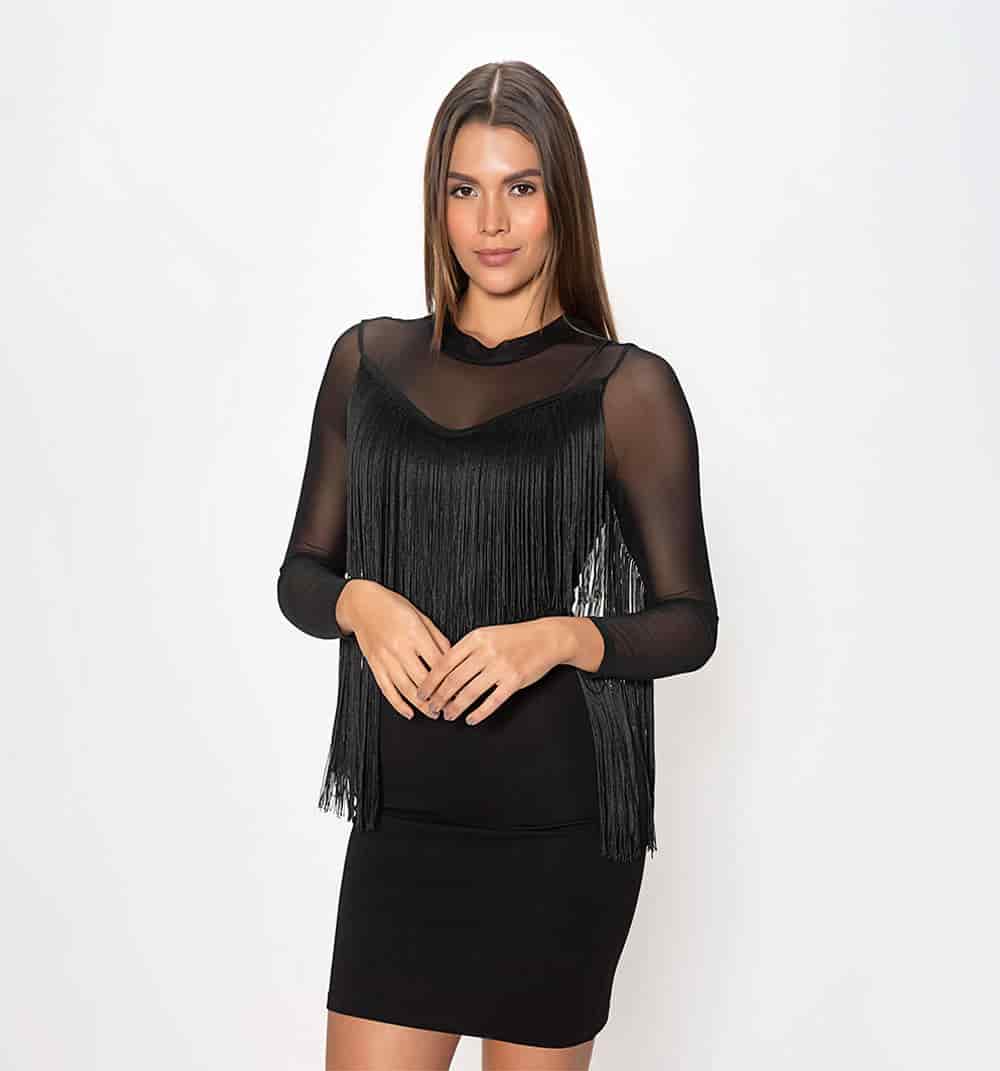 Vestido corto con  mesh y flecos - miniatura 2