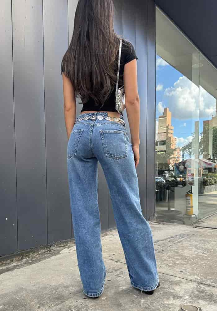 Jean para Mujer Wide Leg Tiro Bajo Azul Medio Claro - miniatura 7