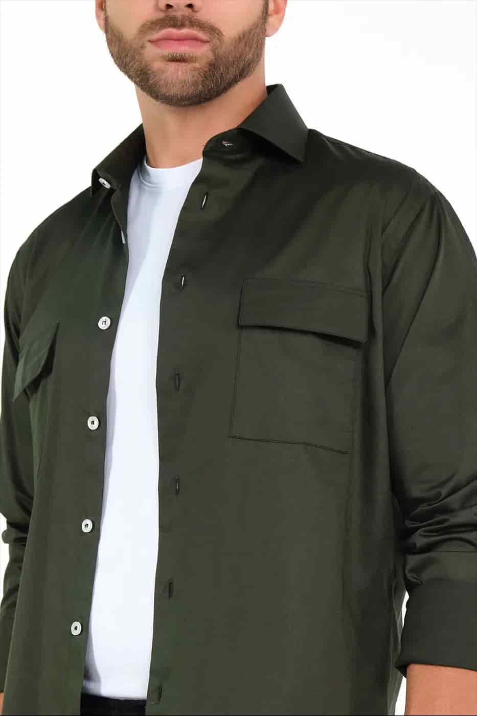 Camisa Slim Fit 100% Algodón Verde Militar - miniatura 3