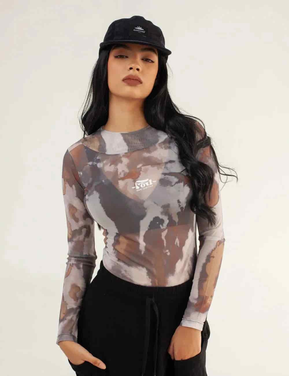 Crop Top Largo Mesh Manga Larga Butterfly verde militar Mujer - miniatura 1