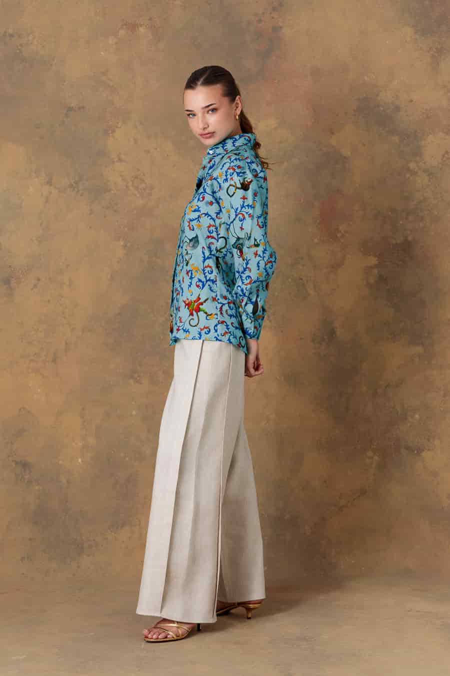 Women's shirt linen delphos turquoise - miniatura 6