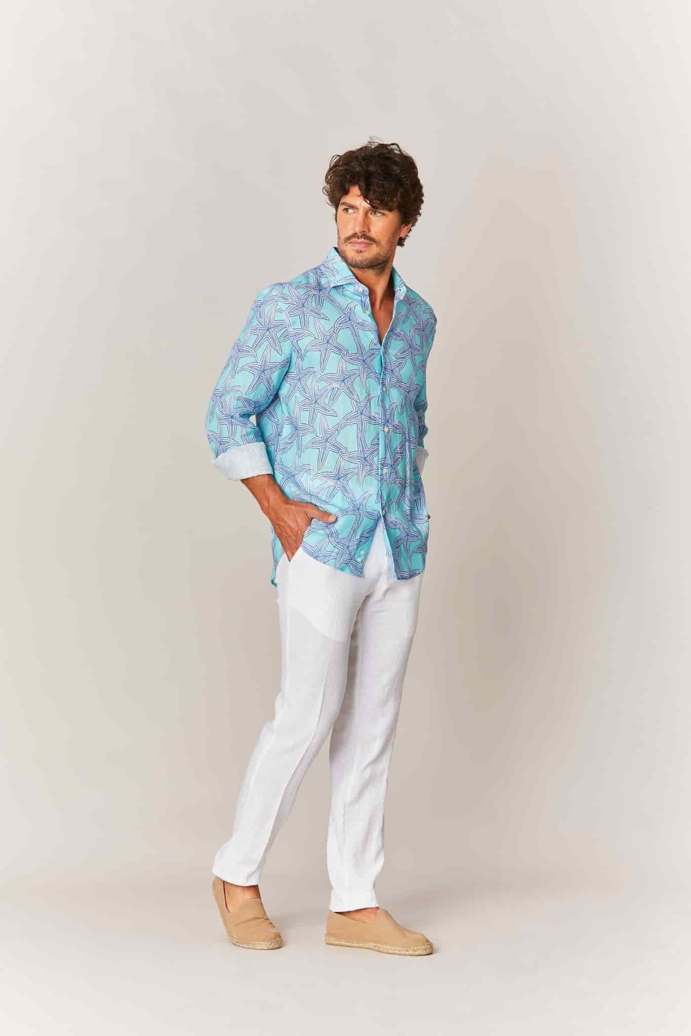 Men's linen shirt turquoise stella - miniatura 3