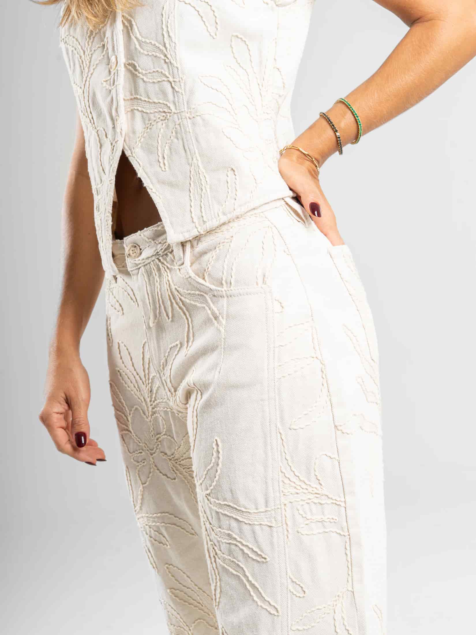 Ref: 0620305 Pantalón wide leg, tiro medio, tela bordada, tono natural - miniatura 5