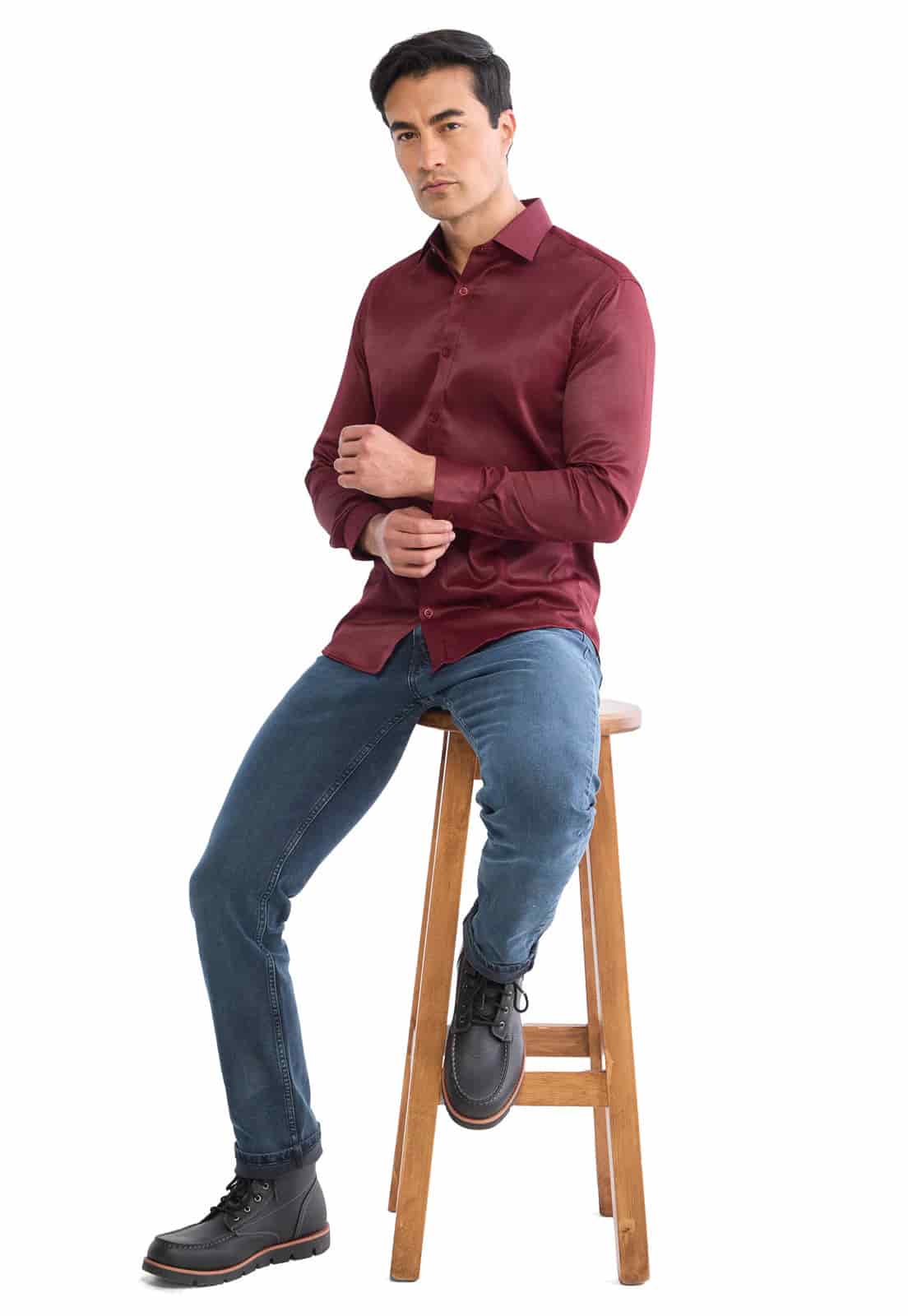 Camisa manga larga vinotinto con textura - miniatura 4