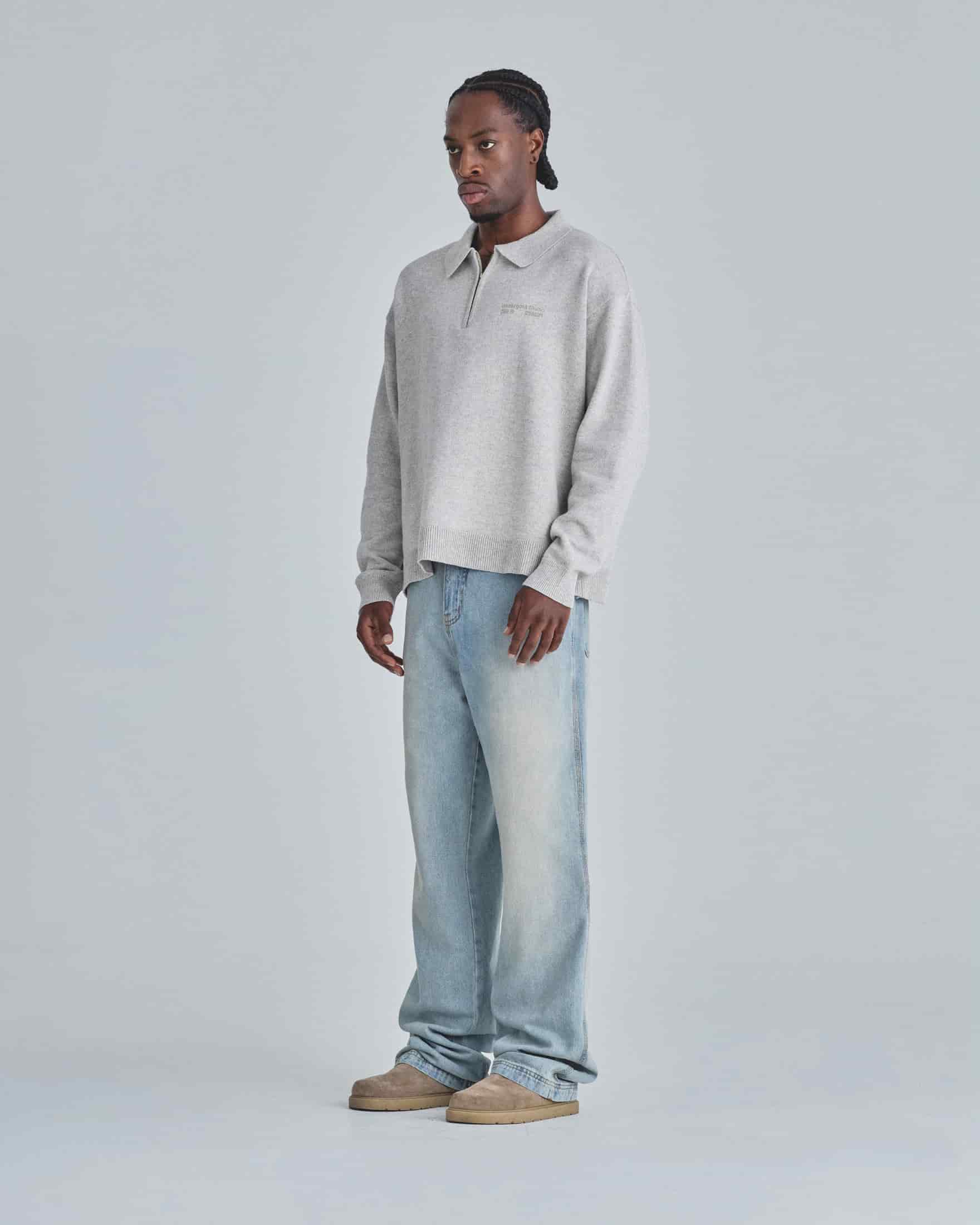 Line Knit Zip Up Long Sleeve Polo Shirt Seed Gray - miniatura 5