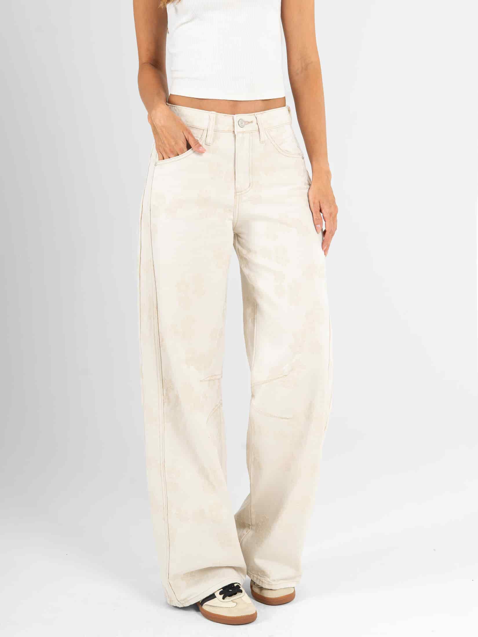 Ref: 0620622 Pantalón wide leg, rígido, detalle de tela bordada, tono natural - miniatura 1