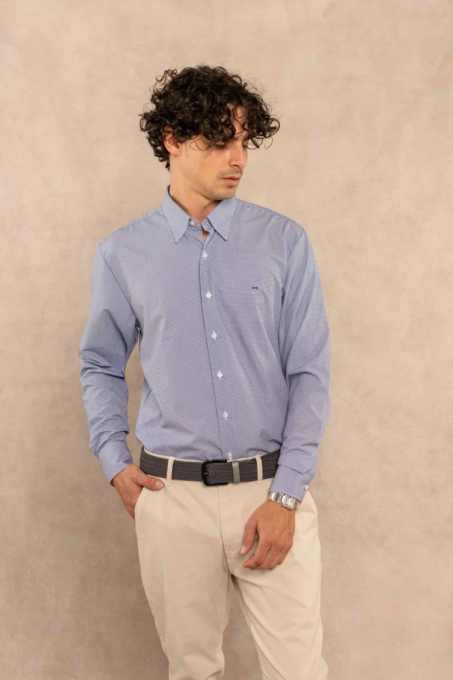 Camisa Performance Antiarrugas Cuadros Textura Azul Oscuro - miniatura 7