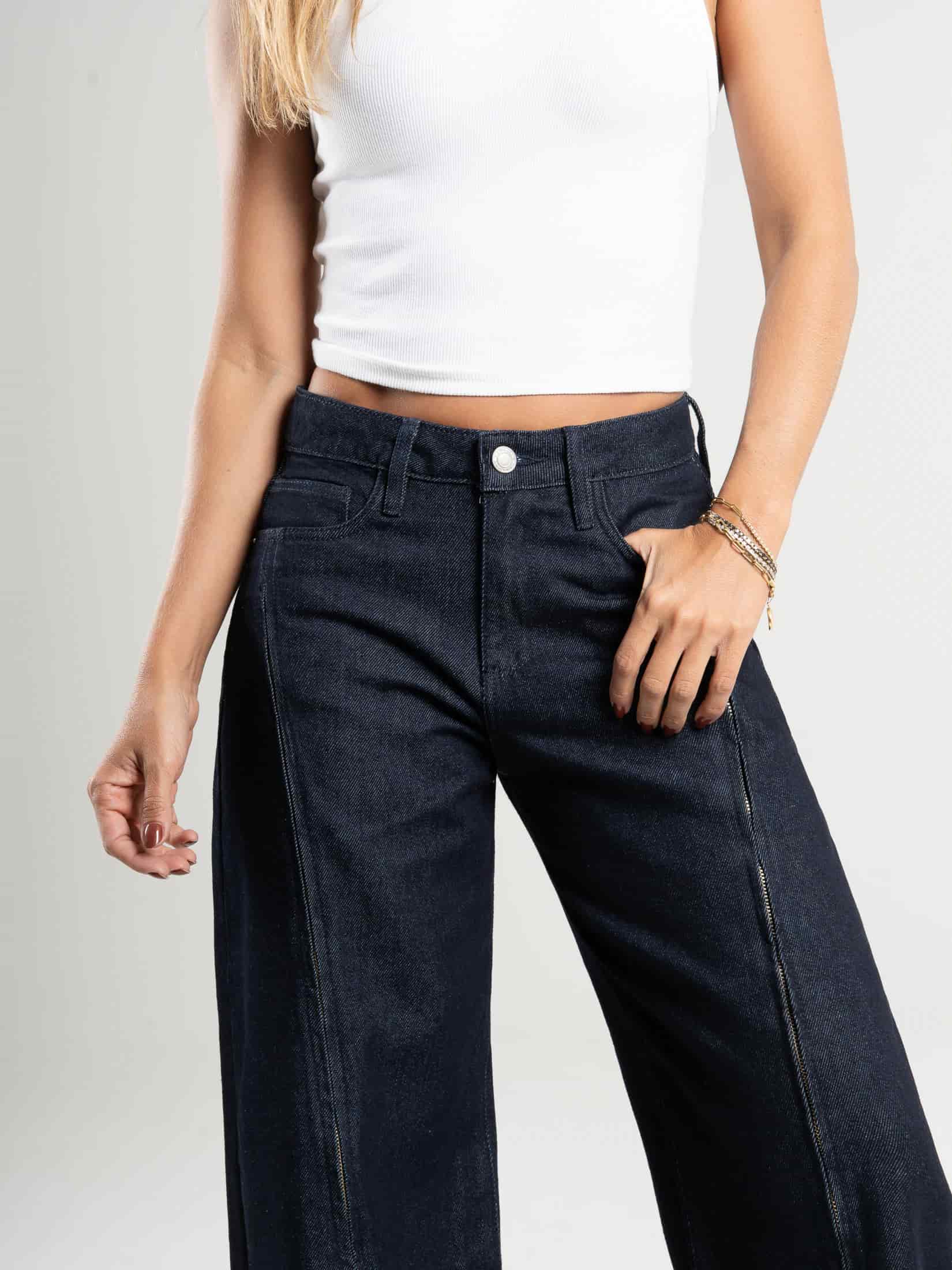 Ref: 066378 Jean wide leg, rigido, tiro alto, detalle con cierres, tono azul oscuro - miniatura 2