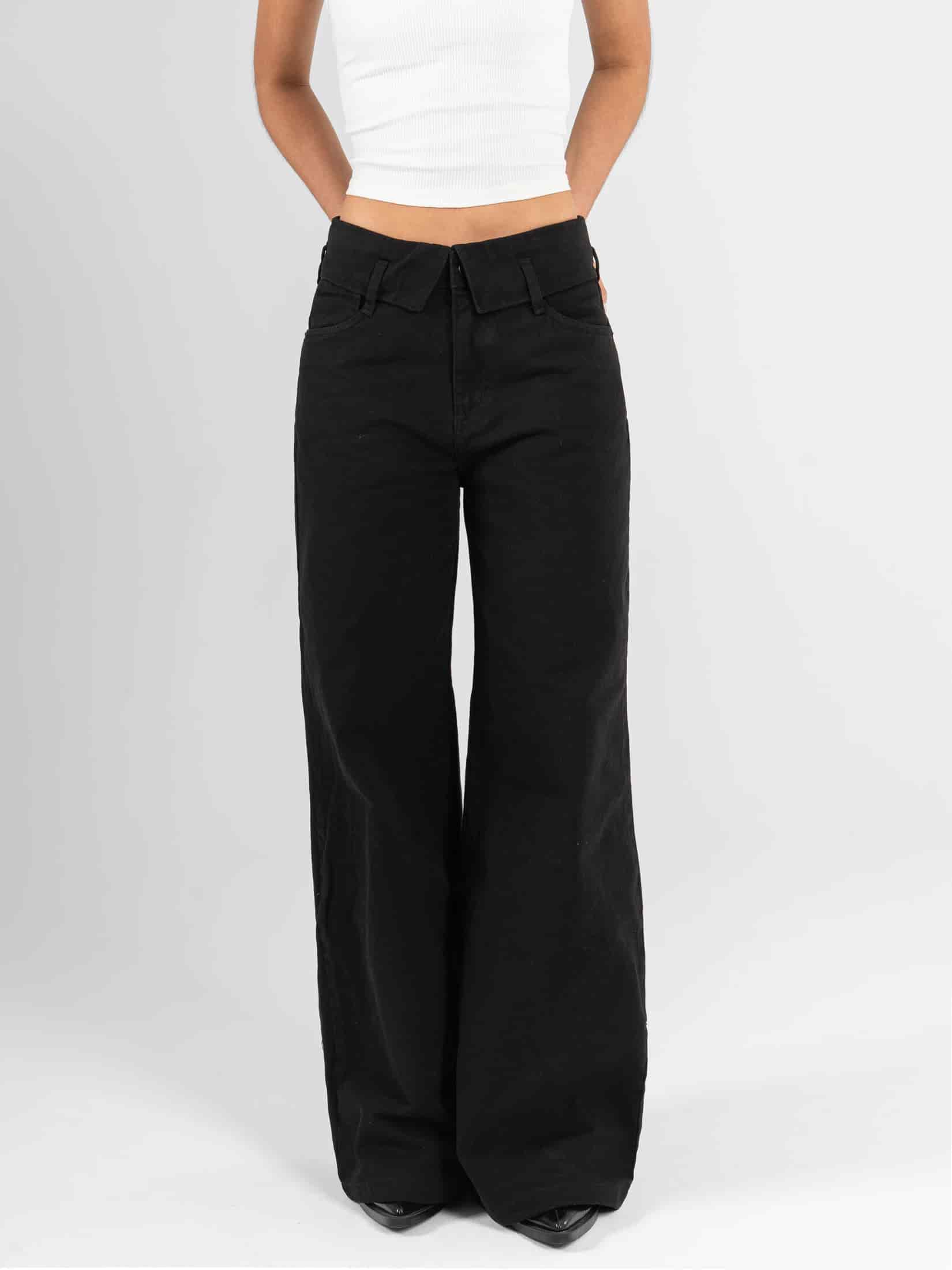 Ref: 0620631 Pantalón palazzo, rígido, detalle en pretina, tiro medio, tono negro - miniatura 1