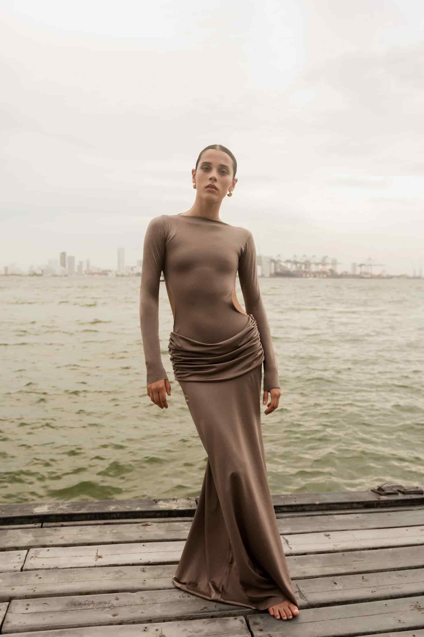 DANIELLE DRESS - SILK TIE TAUPE - miniatura 1