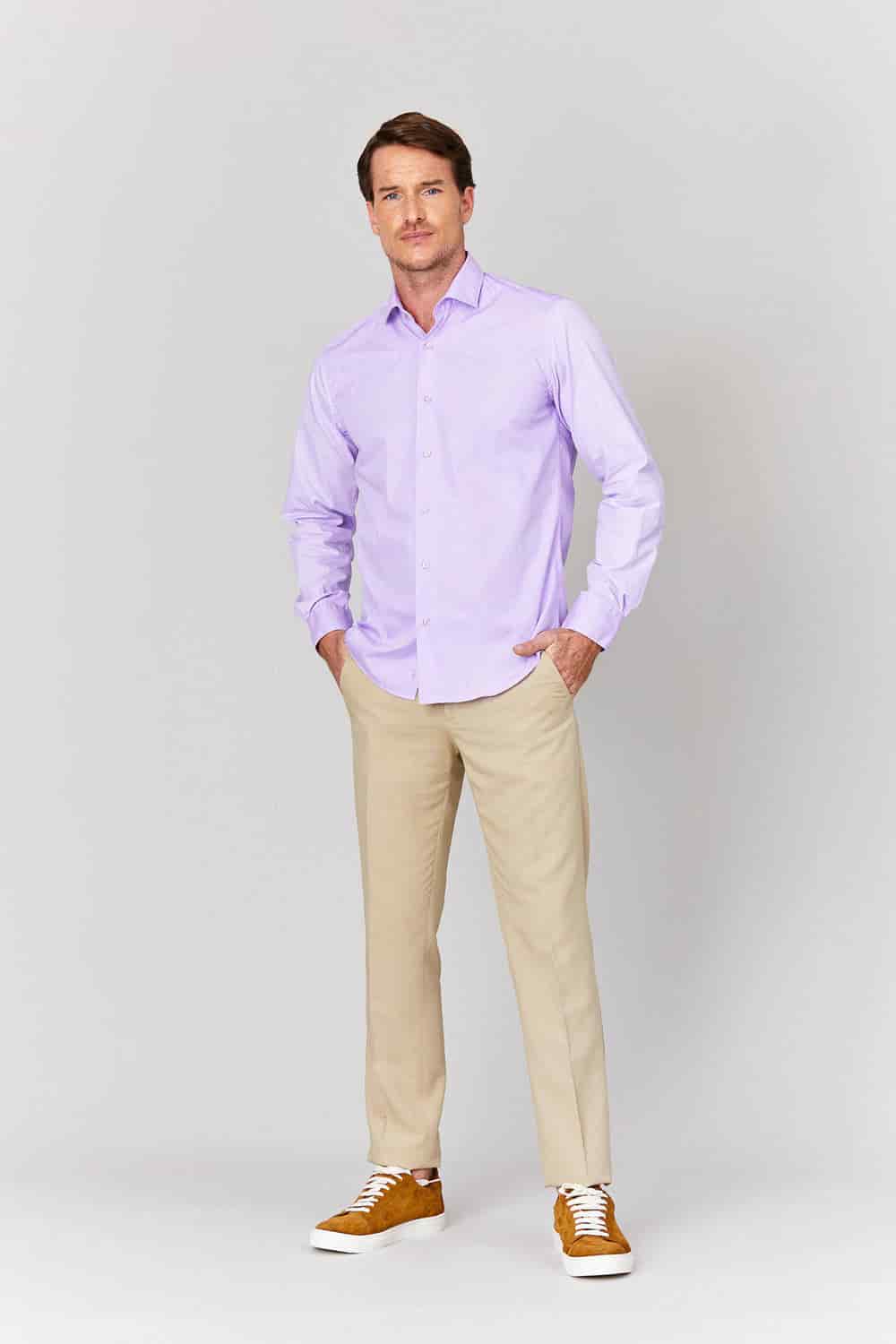 Men's basic lilac cotton muslin shirt - miniatura 1