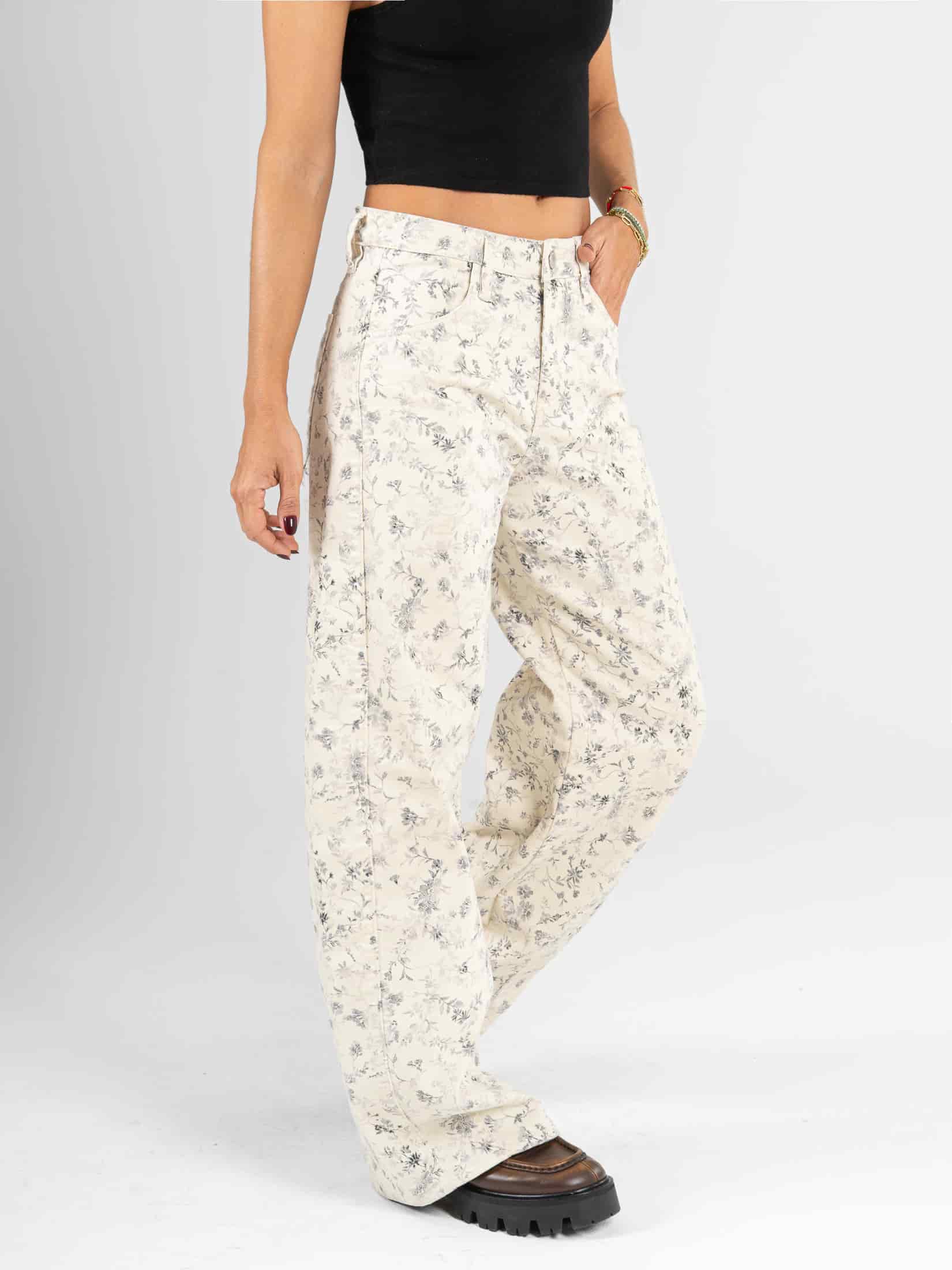 Ref: 0620653 Pantalón wide leg, stretch, detalle de tela estampada, tiro alto, tono ivory - miniatura 2