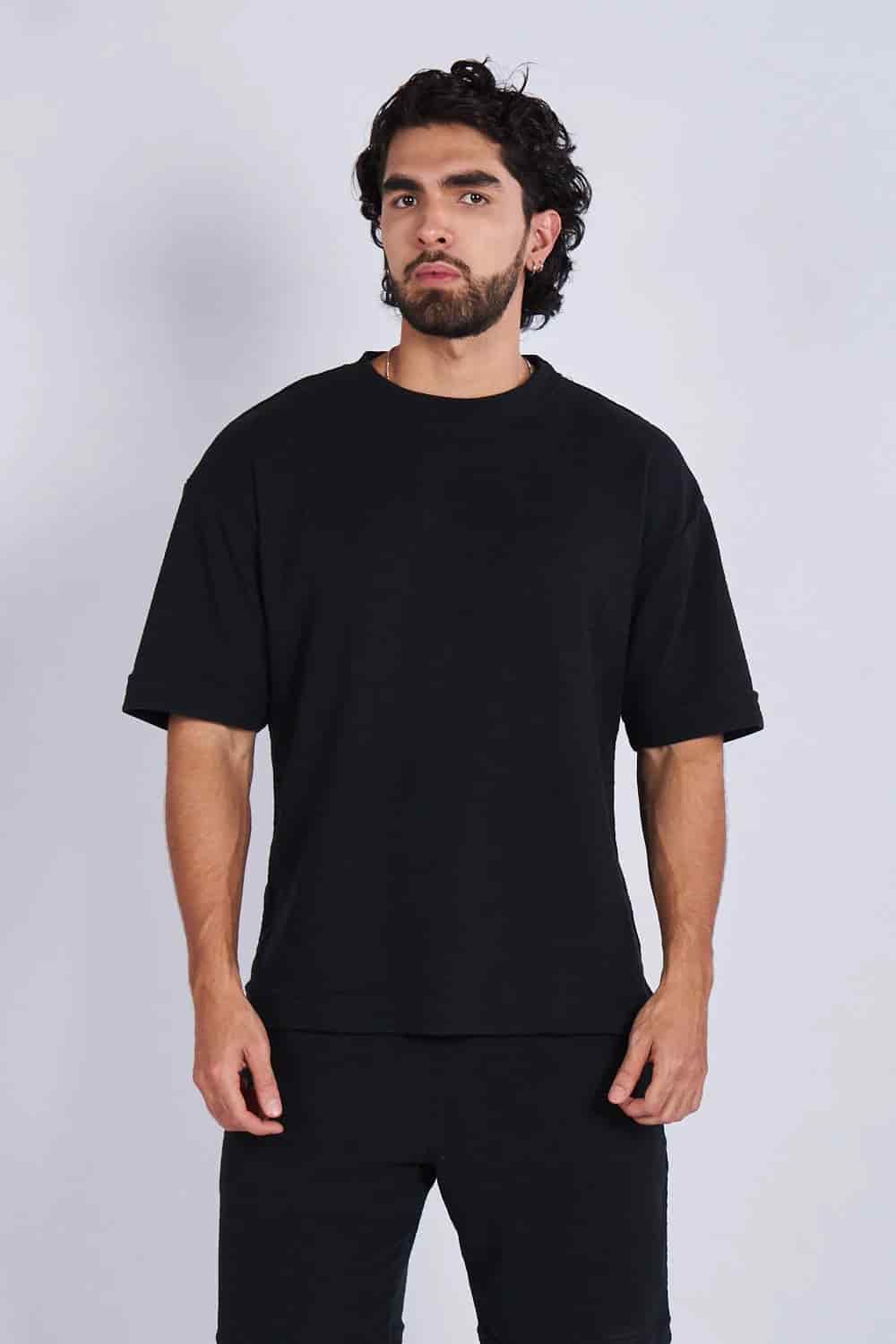 Camiseta oversize textura horizontal Negra - miniatura 1