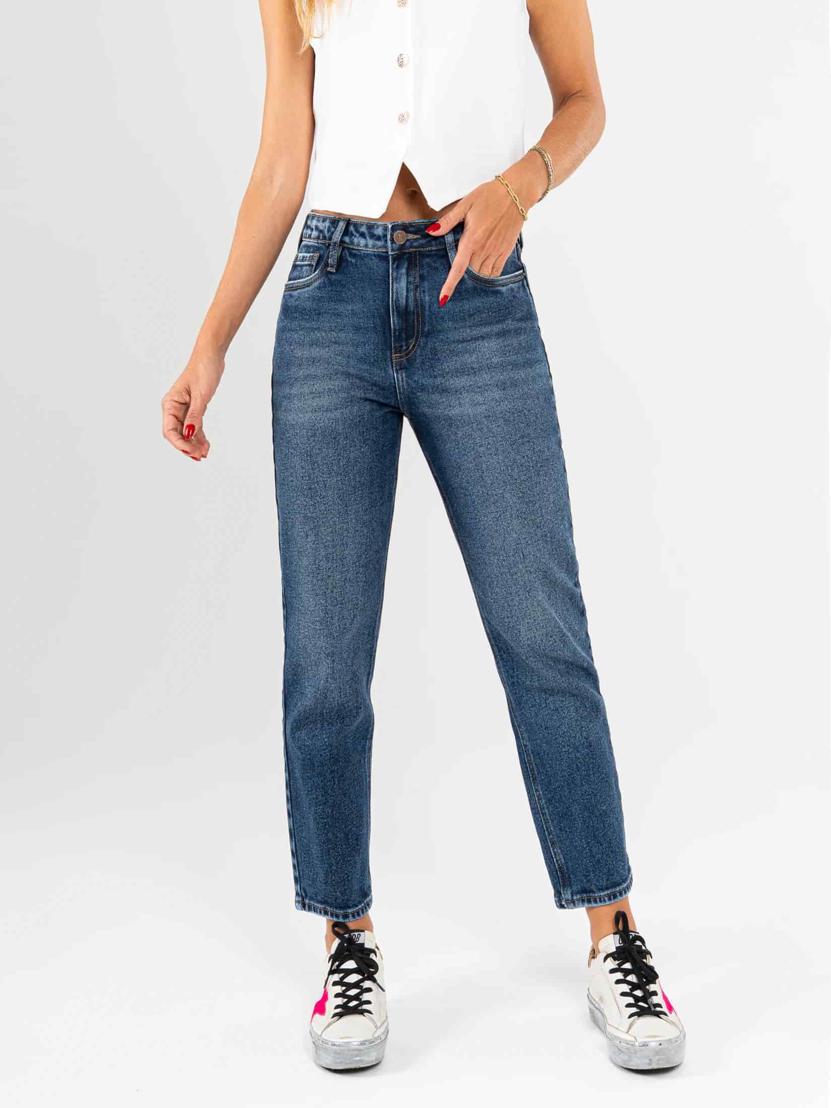 Ref: 065577 Jean Mom fit, slim cropped, stretch, tiro alto, tono azul oscuro - miniatura 1