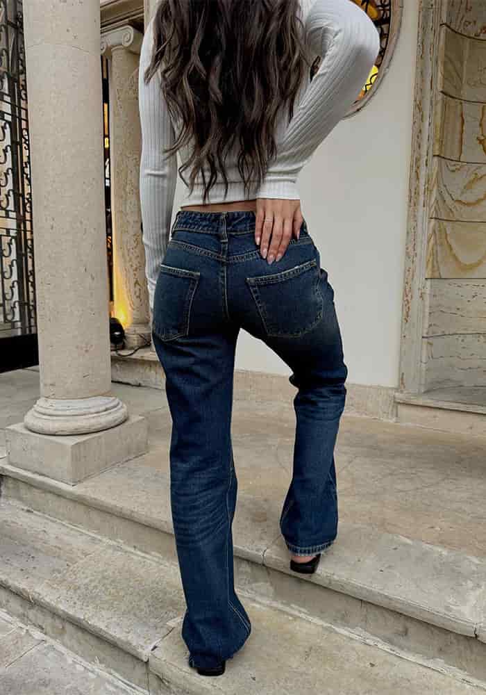 Jeans Straight Leg Azul Oscuro Dirty Tiro Bajo - miniatura 6