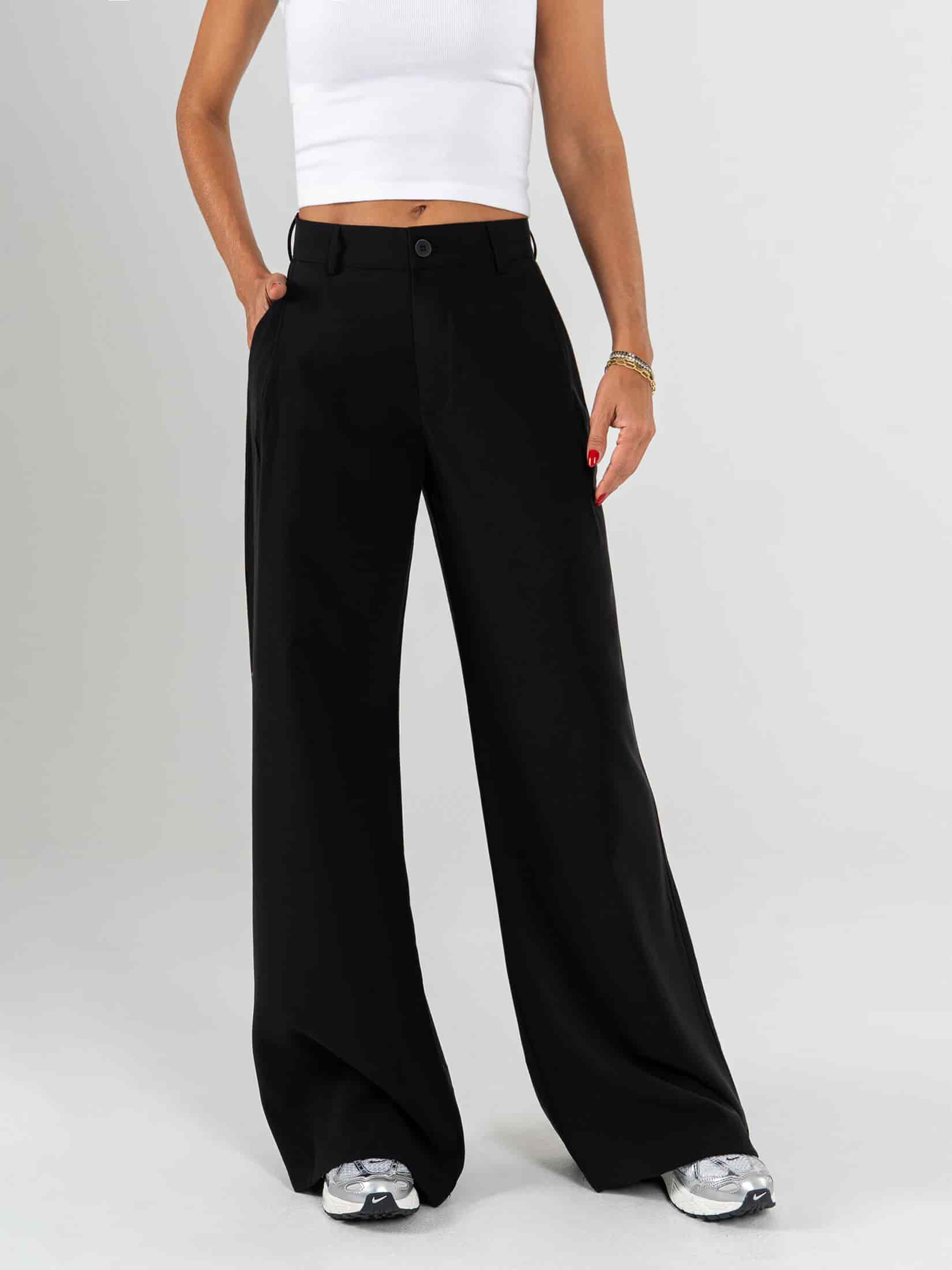 Ref: 0620092 Pantalón palazzo, prenses, tono negro, tejido plano liviano, tiro alto - miniatura 1