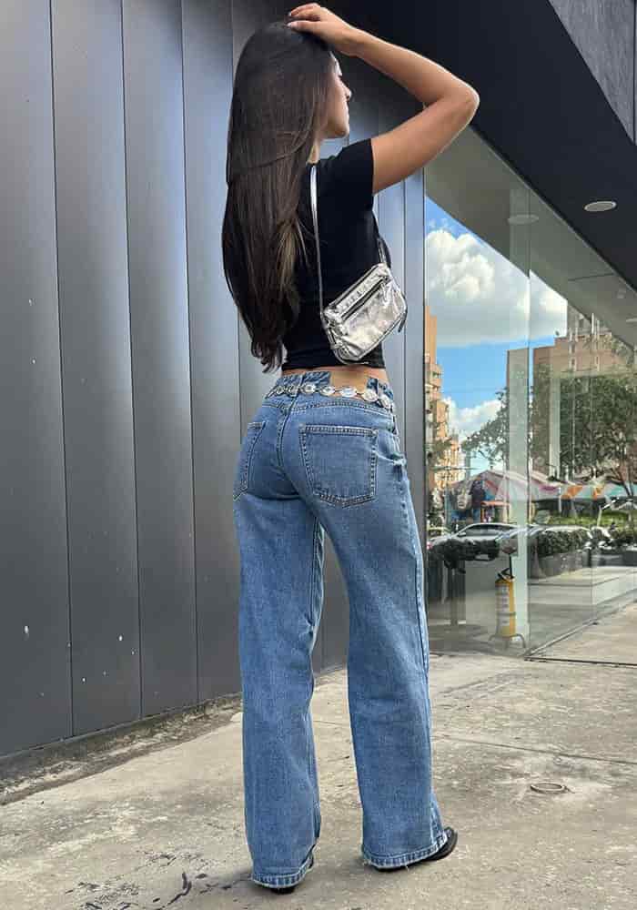 Jean para Mujer Wide Leg Tiro Bajo Azul Medio Claro - miniatura 2