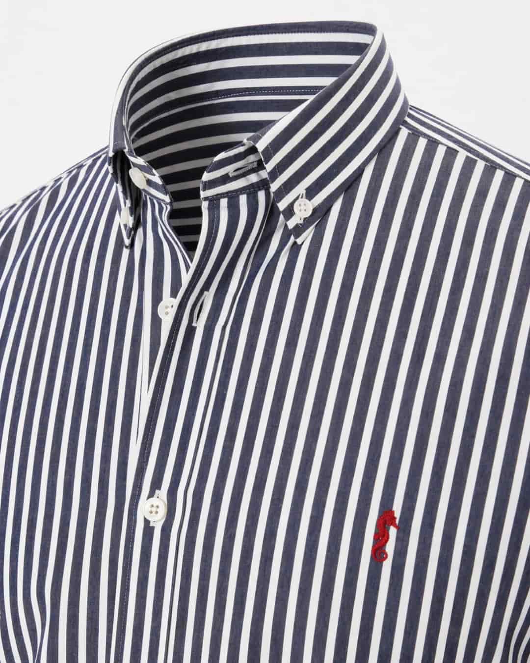 Camisa 100% Algodón Manga Larga Azul Oscuro Rayas Blancas - miniatura 2