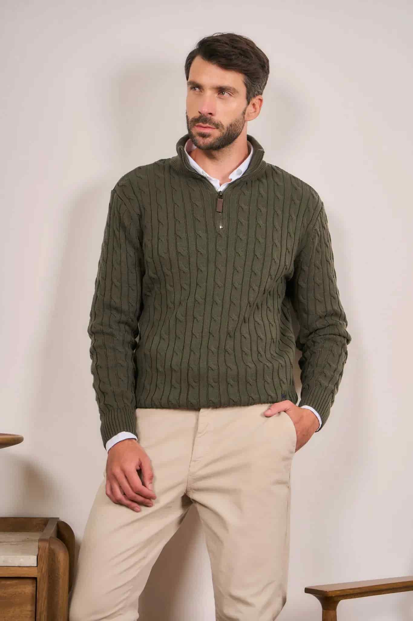 Suéter Halfzip Trenzado Hombre Verde - miniatura 7