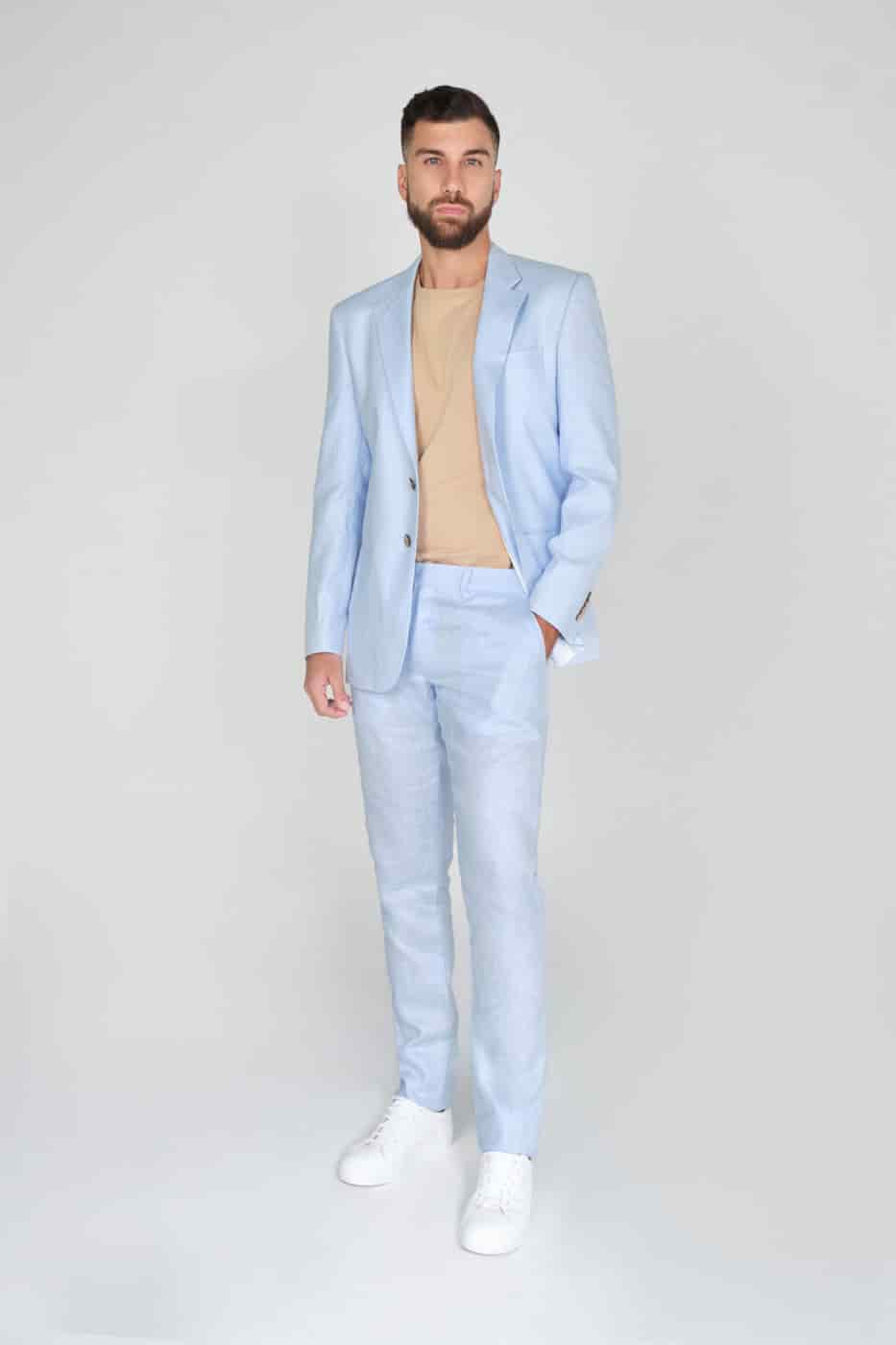 Pantalón Formal Slim Fit 100% Lino Azul Claro - miniatura 5