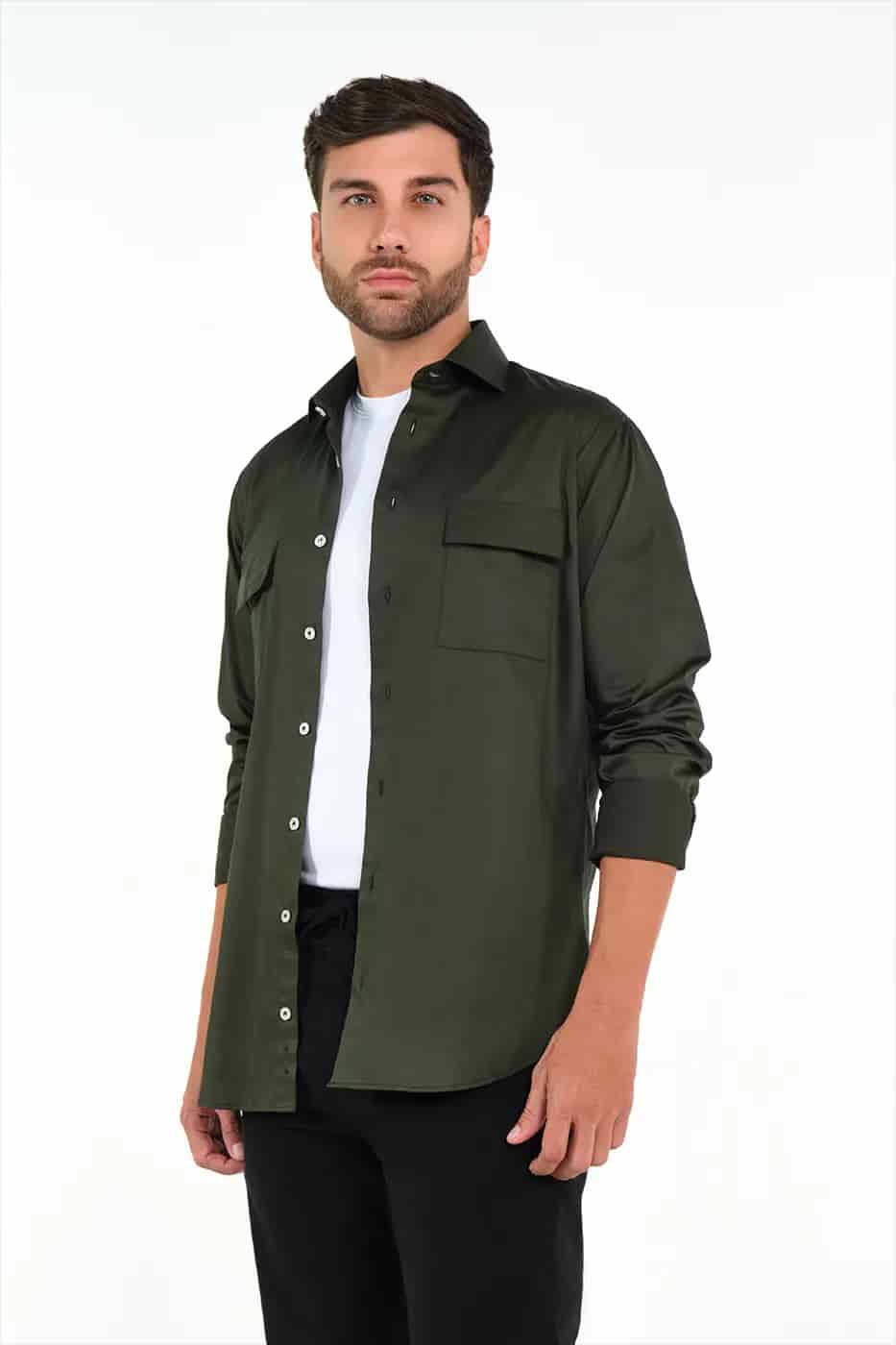 Camisa Slim Fit 100% Algodón Verde Militar - miniatura 2