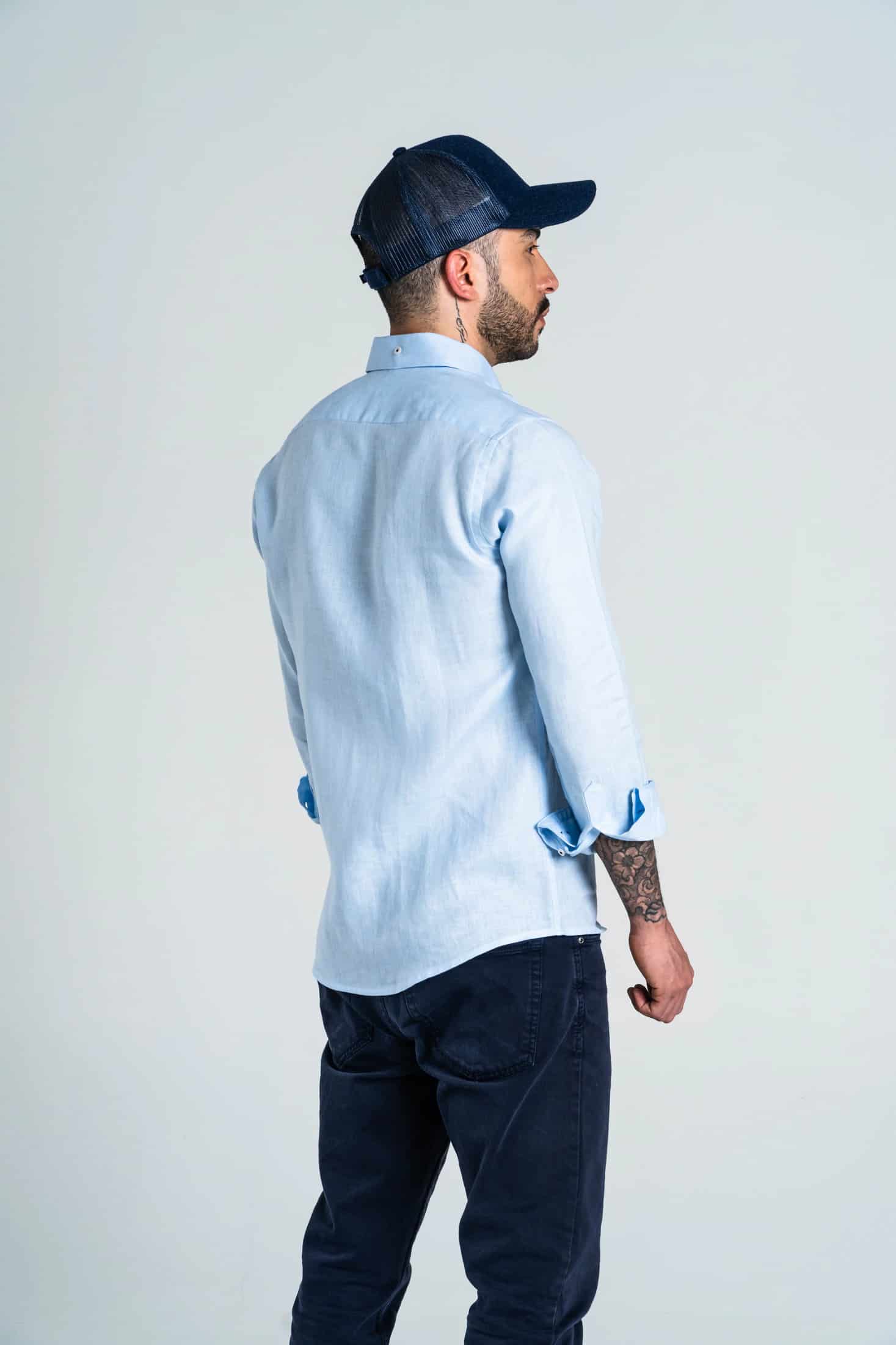 Camisa Botón Contraste Lino Azul Bebé - miniatura 6