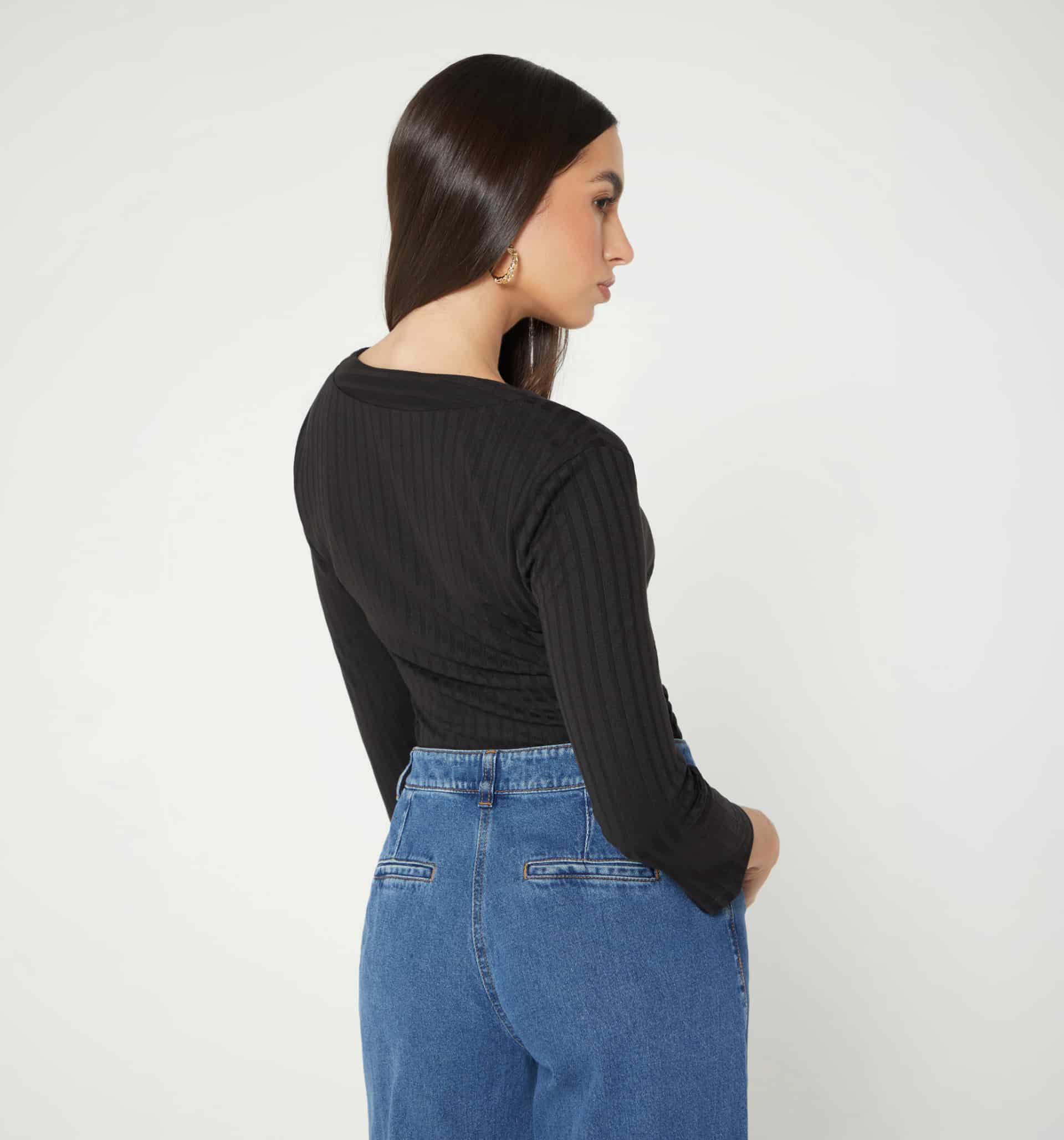 Blusa en rib escote en v manga 3/4 - miniatura 3