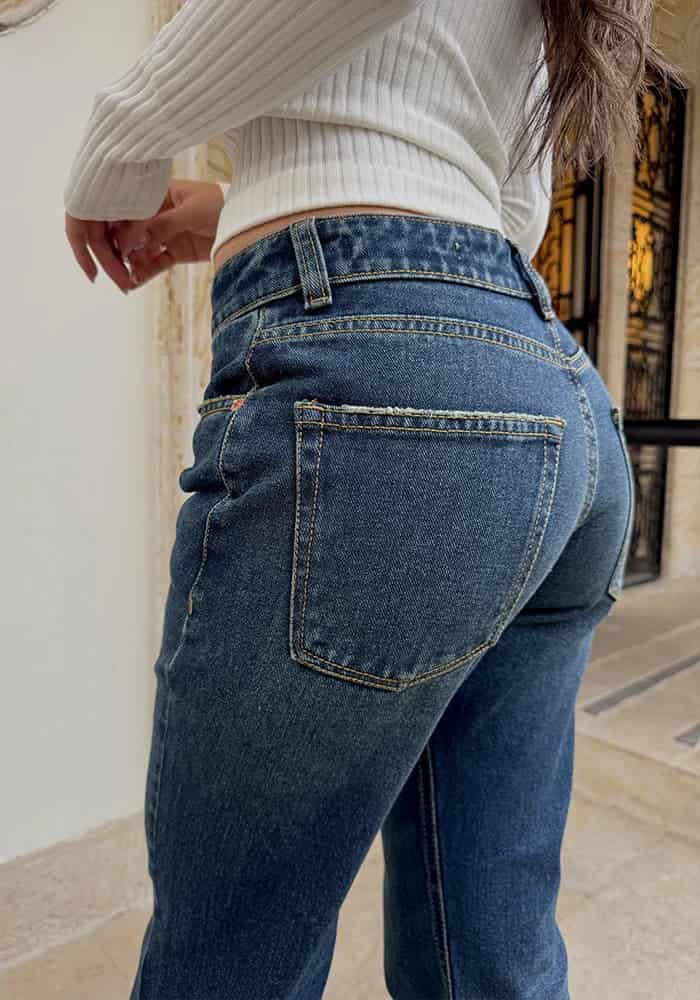 Jeans Straight Leg Azul Oscuro Dirty Tiro Bajo - miniatura 5