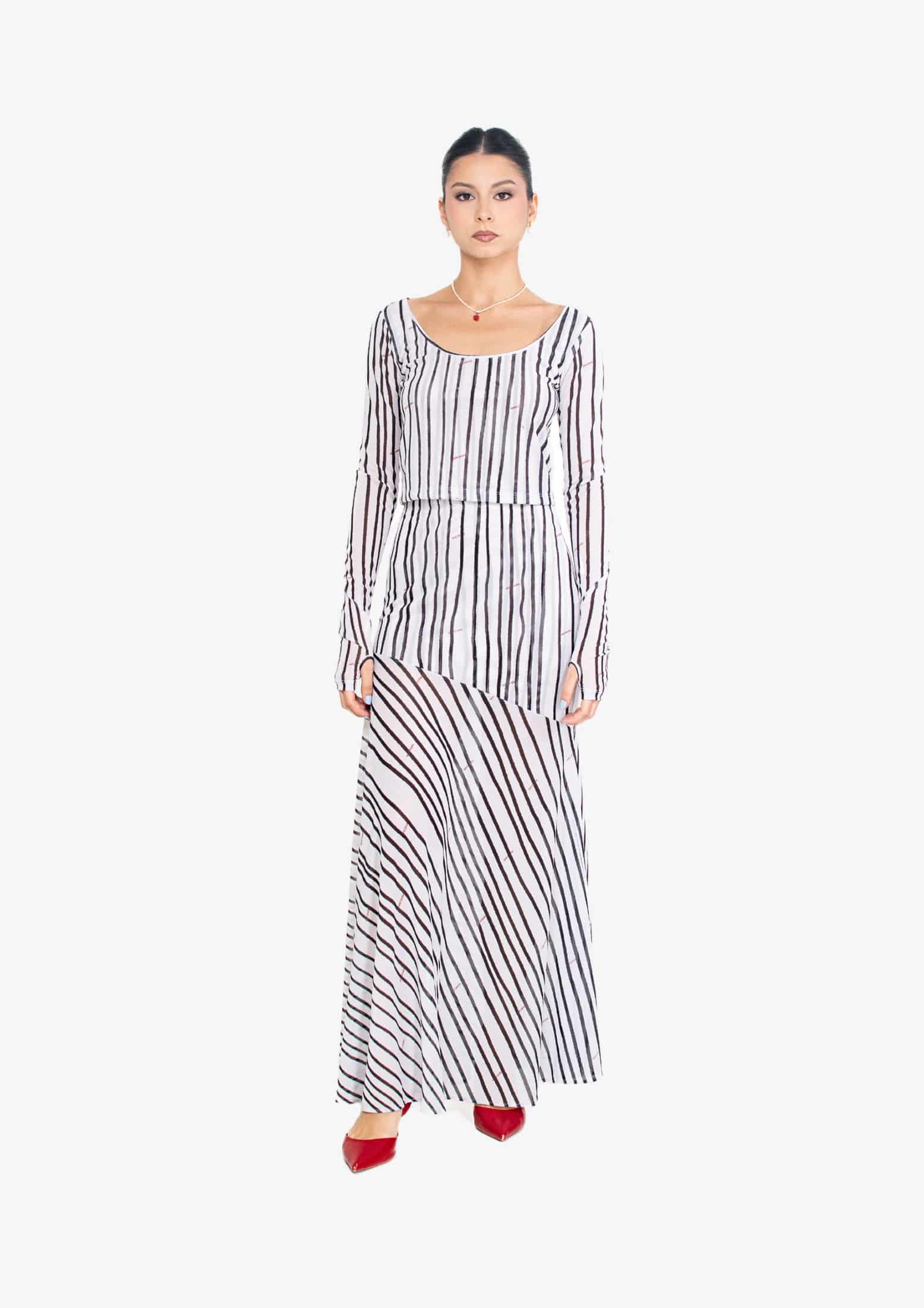 White Stripes Mesh Long Sleeve Blouse - miniatura 4