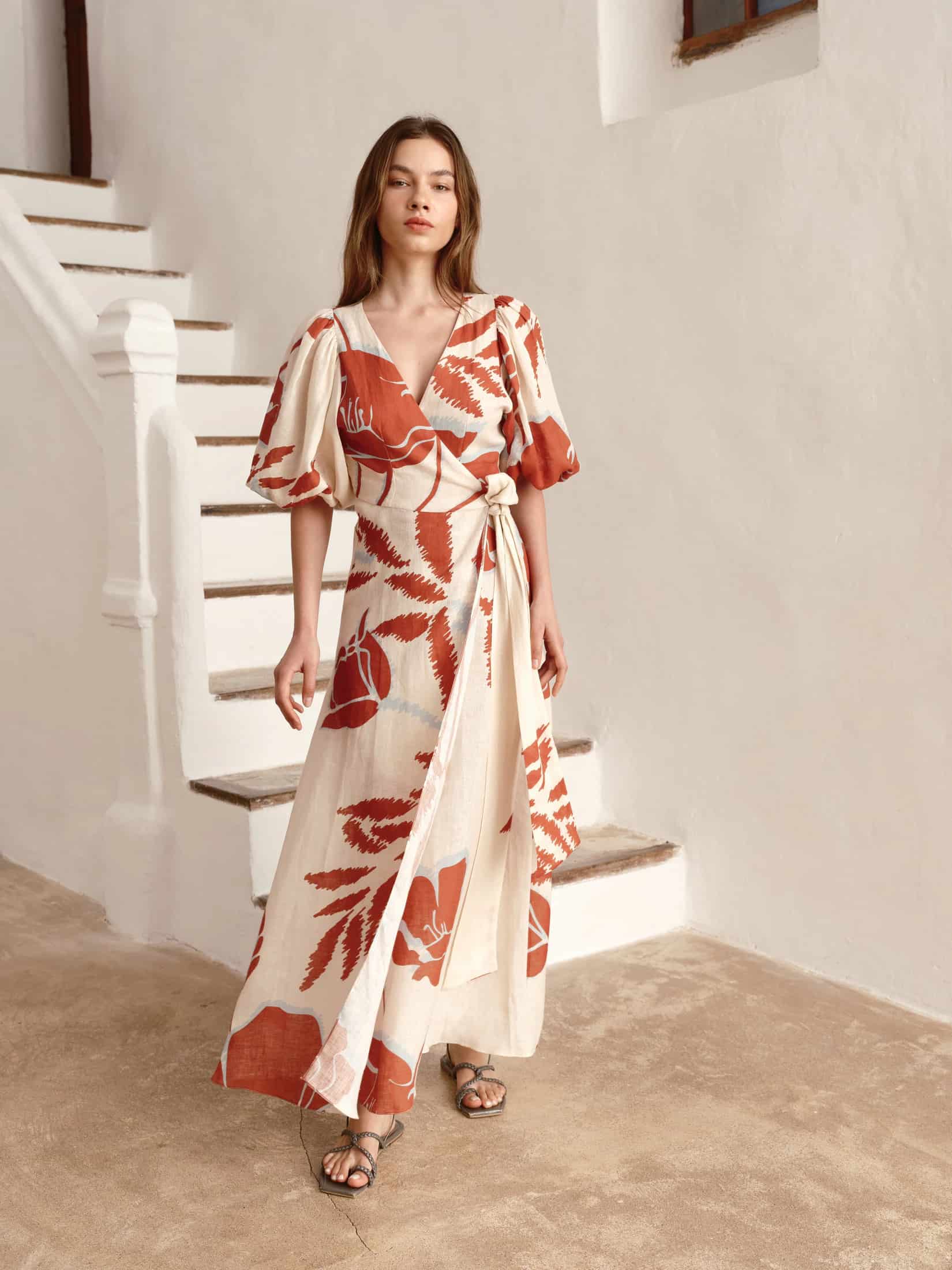Ermita Linen Midi Dress / Ecru - Orange Gladiolos - miniatura 1