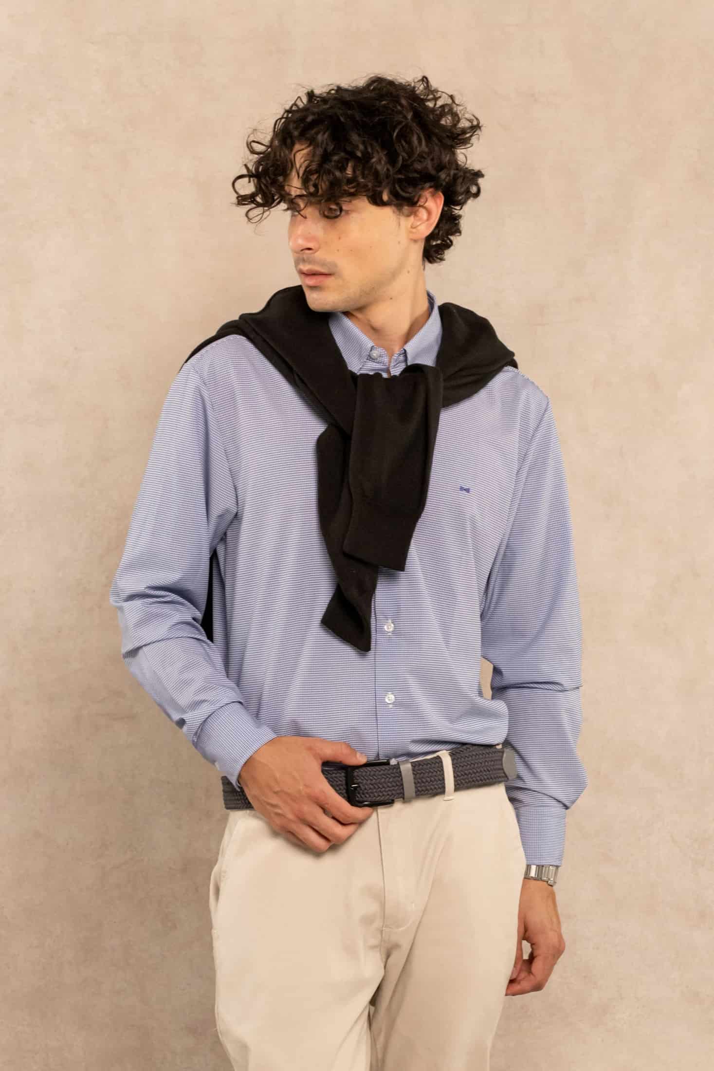 Camisa Performance Antiarrugas Cuadros Textura Azul Oscuro - miniatura 1