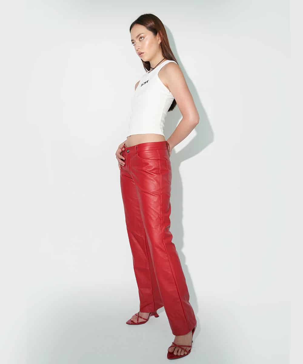 Faux Leather Low Rise Pants In Red - miniatura 1