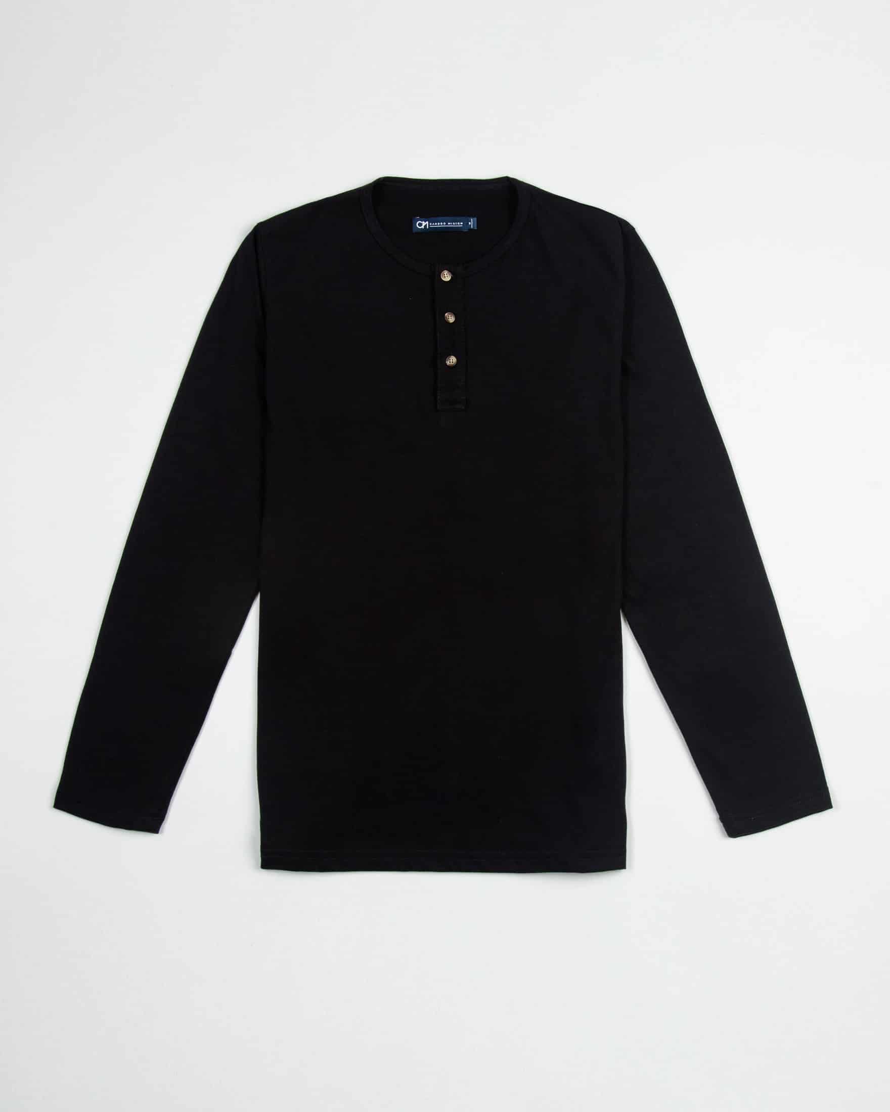 Camiseta Henley Manga Larga Algodón Negro - miniatura 1