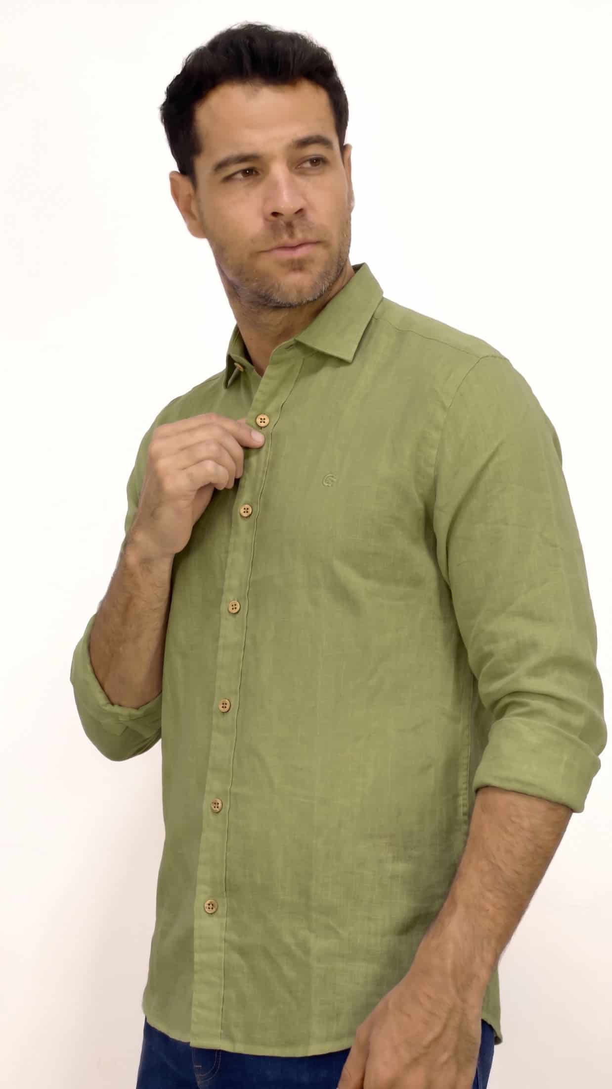 CAMISA LINO MANGA LARGA VERDE PARA HOMBRE - miniatura 1