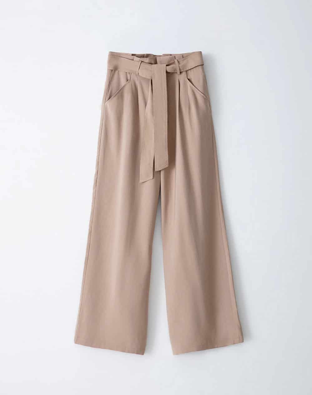 Pantalón palazzo tiro alto pliegues delanteros y cinturón caqui para mujer - miniatura 1