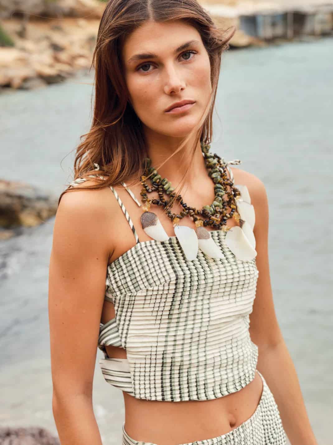 Tejada Pleated Linen Top / Green Stripes - miniatura 1