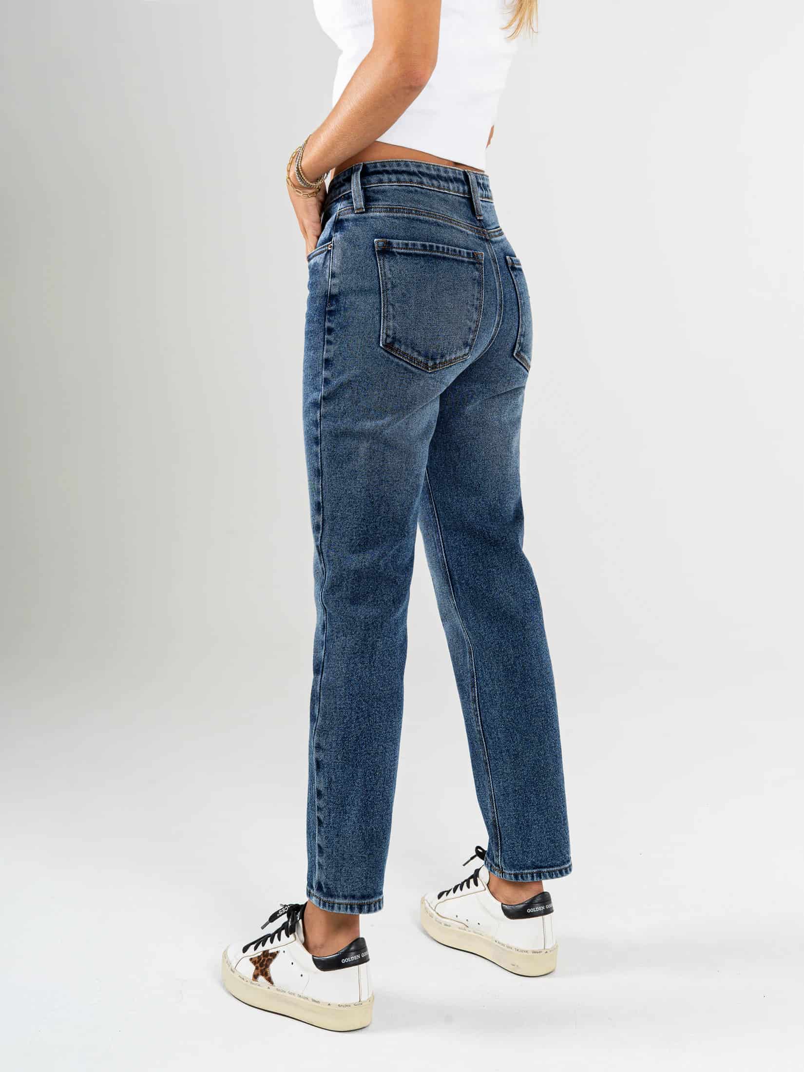 Ref: 065802 Jean Mom fit, slim cropped, stretch, tiro alto, tono azul medio oscuro - miniatura 2
