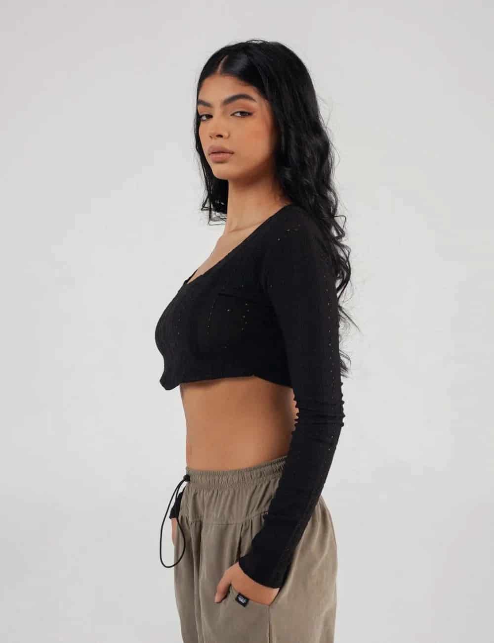 Crop Top manga larga Net negro Mujer - miniatura 1